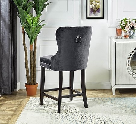 Luxury Grey Velvet Bar Stools Set of 2 - Soft Plush Cushioned Counter Height Stools for Kitchen Island, Breakfast Bar & Home Decor - Modern Comfortable Seating for Dining & Living Room