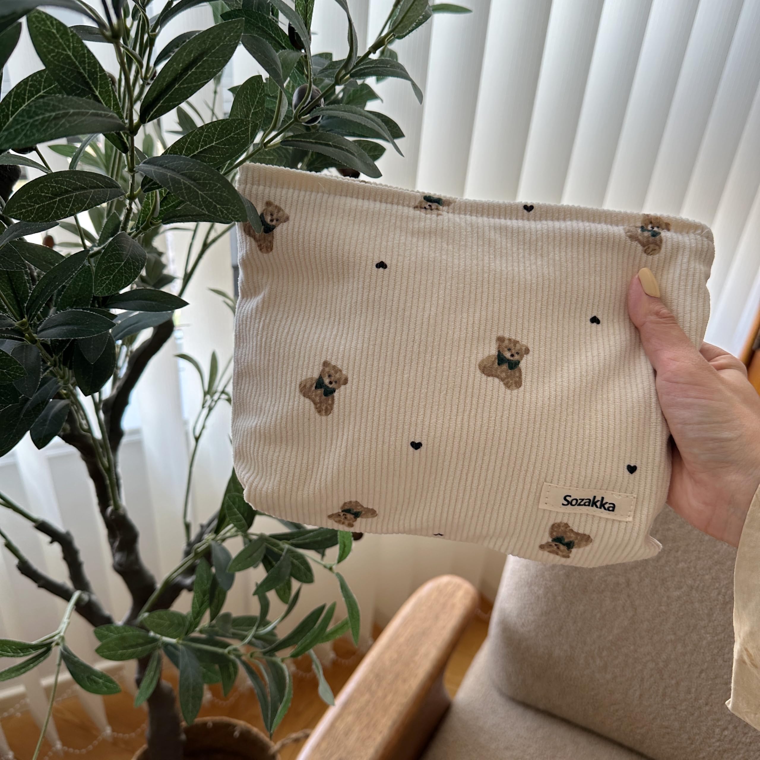 Corduroy Makeup Bag for Women - Large Cosmetic Organizer with Zipper, Cute Bear Design, Travel Makeup Pouch for Girls (Beige) | Perfect for Travel, Gym, School & Daily Essentials Storage
