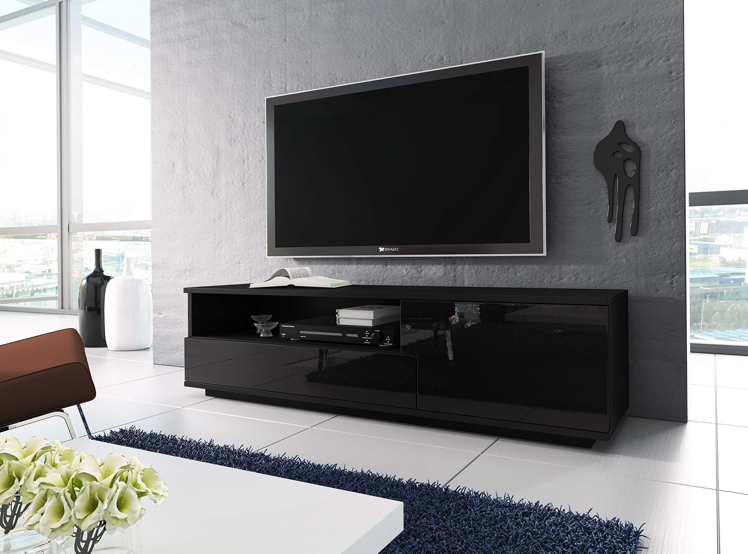 ONEL 2 TV Stand for Flat Screen TVs - Black Modern Entertainment Center with Storage Shelf - Perfect for Living Room, Bedroom & Home Theater Setup