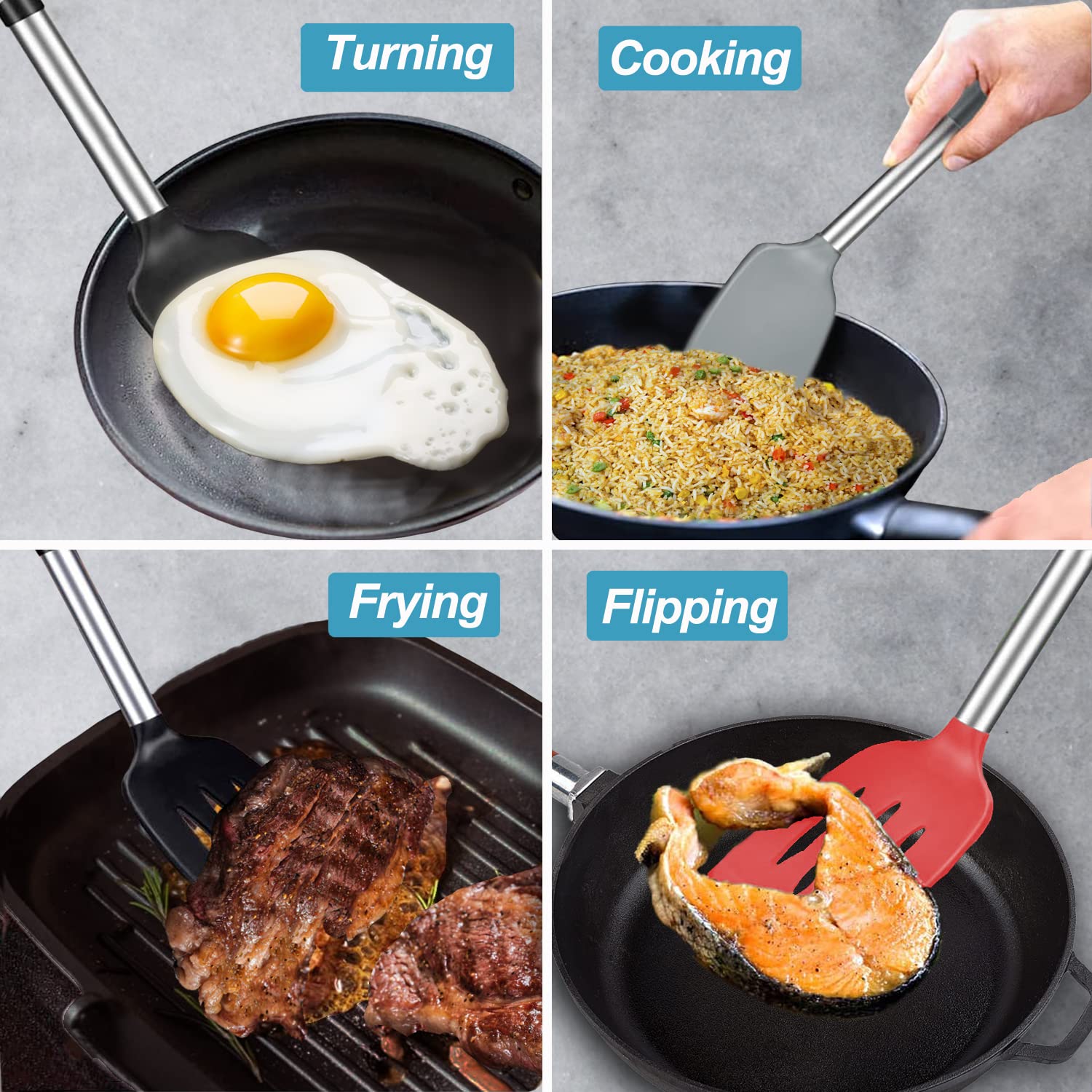 2-Pack Silicone Spatula Set - Solid & Slotted Stainless Steel Handle Non-Stick Turner - Heat Resistant Rubber Spatulas for Cooking, Baking, Flipping Fish, Eggs & Pancakes - Perfect for Woks, Frying Pans & Kitchen Utensils