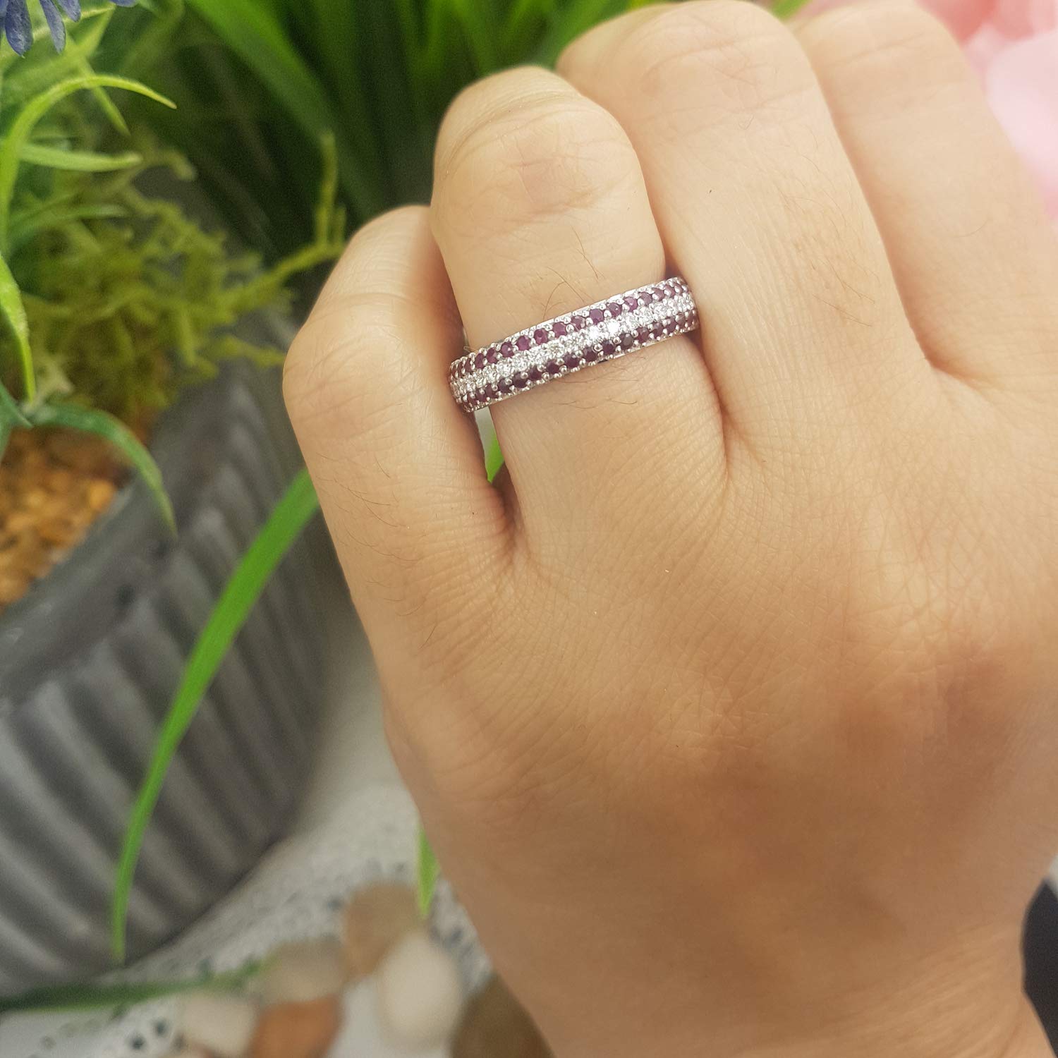 18K Solid White Gold Round White Diamond & Ruby Women's Anniversary Wedding Eternity Band Ring - Perfect for Anniversary Gifts, Bridal Jewelry, and Special Occasions