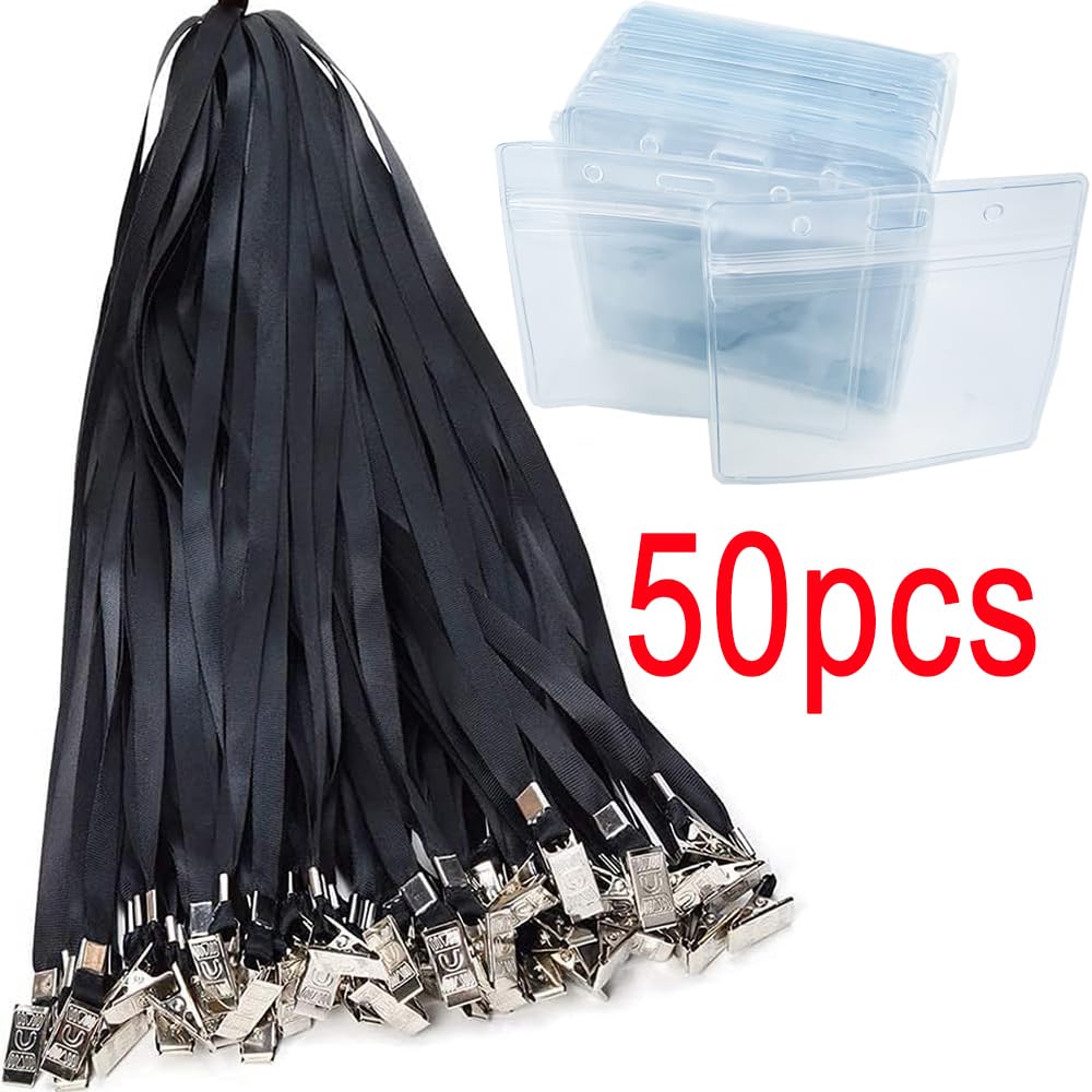 50 Pack Clear Waterproof ID Badge Holder with Lanyard - for School, Business & Events (Black Nylon)