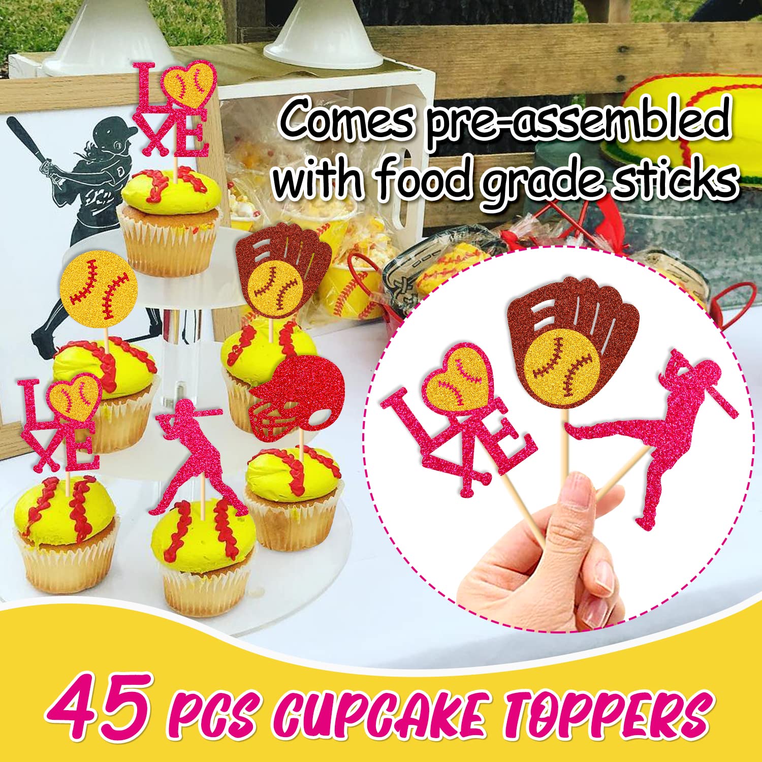 46 Pcs Softball Cupcake Toppers - Fastpitch Pitcher Baseball Sports Theme Decorations for Girls & Boys Birthday Parties - Perfect for Cake, Cupcake, and Dessert Decorations at Sports-Themed Celebrations