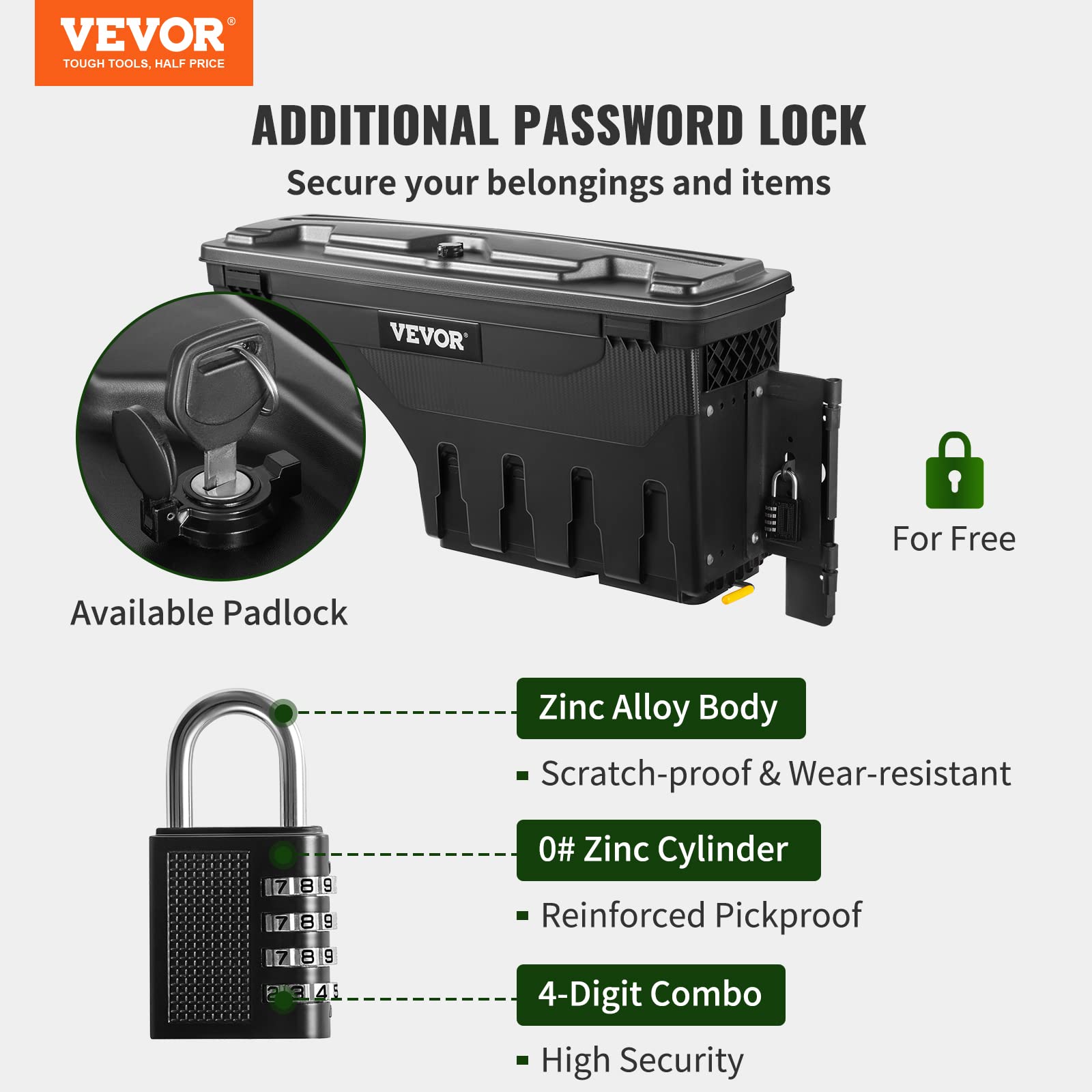 VEVOR 6.6 Gal Lockable Truck Bed Storage Box - Waterproof ABS Wheel Well Tool Box with Password Padlock | Compatible with Toyota Tundra 2007-2021 | Passenger Side Black | Perfect for Truck Accessories & Outdoor Gear Storage