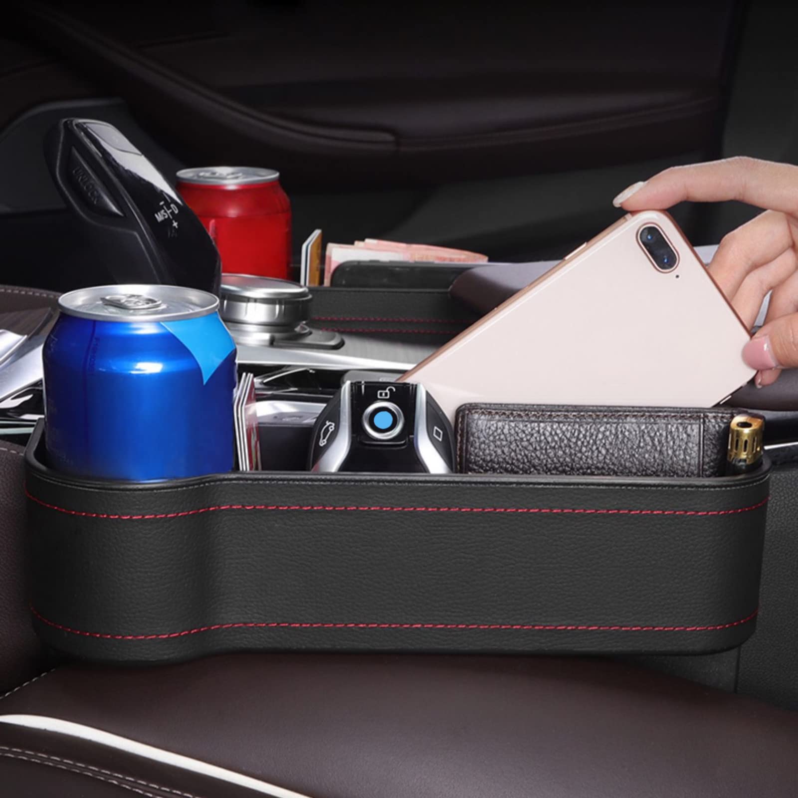 2 Pack Car Seat Gap Filler Organizer - PU Leather Front Seat Storage with Cup Holder & 4 Headrest Hooks for Phone, Keys, Cards | Multifunctional Console Side Organizer | Perfect for Road Trips, Commuting & Keeping Your Car Neat (Black)