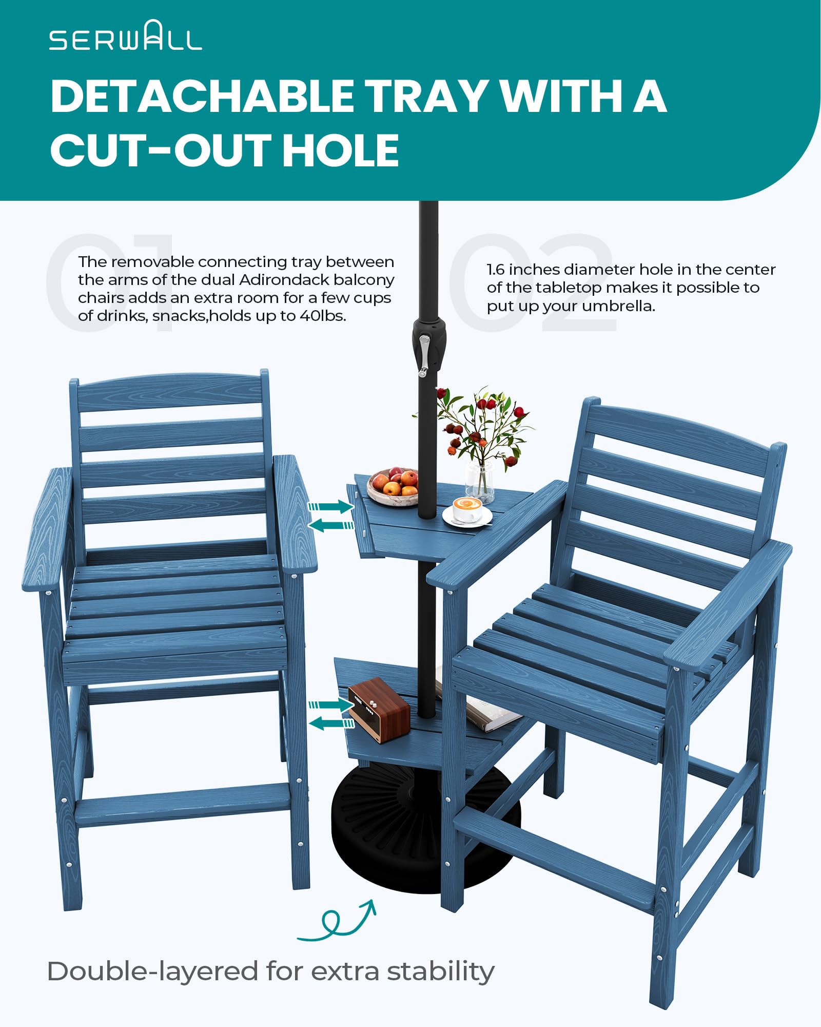 SERWALL 2-Piece Blue Tall Adirondack Chair Set with Connecting Table - Outdoor Patio Furniture for Garden, Poolside, and Backyard Relaxation