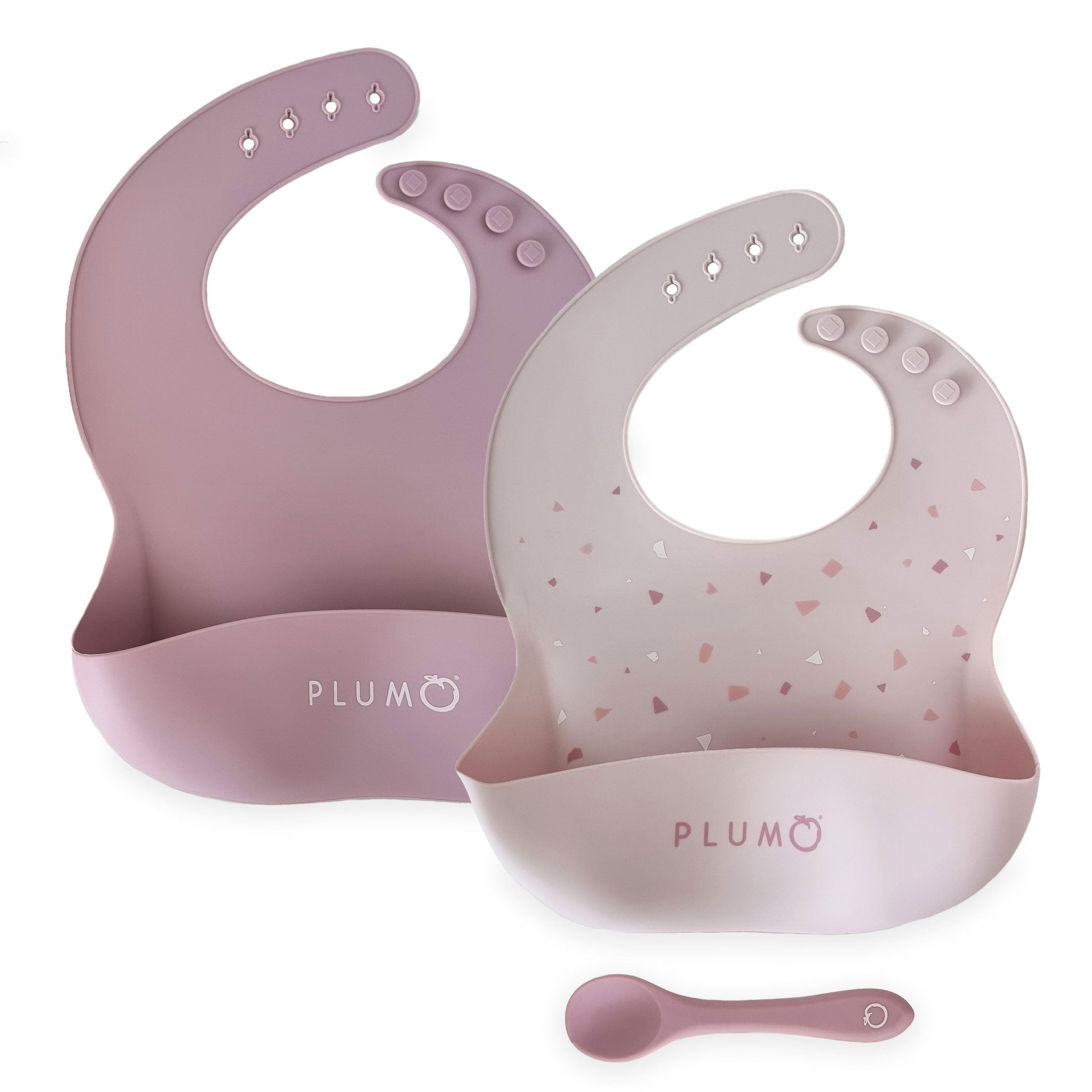 PLUM 3 Piece Silicone Baby Bib and Spoon Set - Dusty Berry/Blush Pink | Mess-Free Feeding Essentials for Toddlers & Infants | Perfect for Home, Travel, and Daycare Use