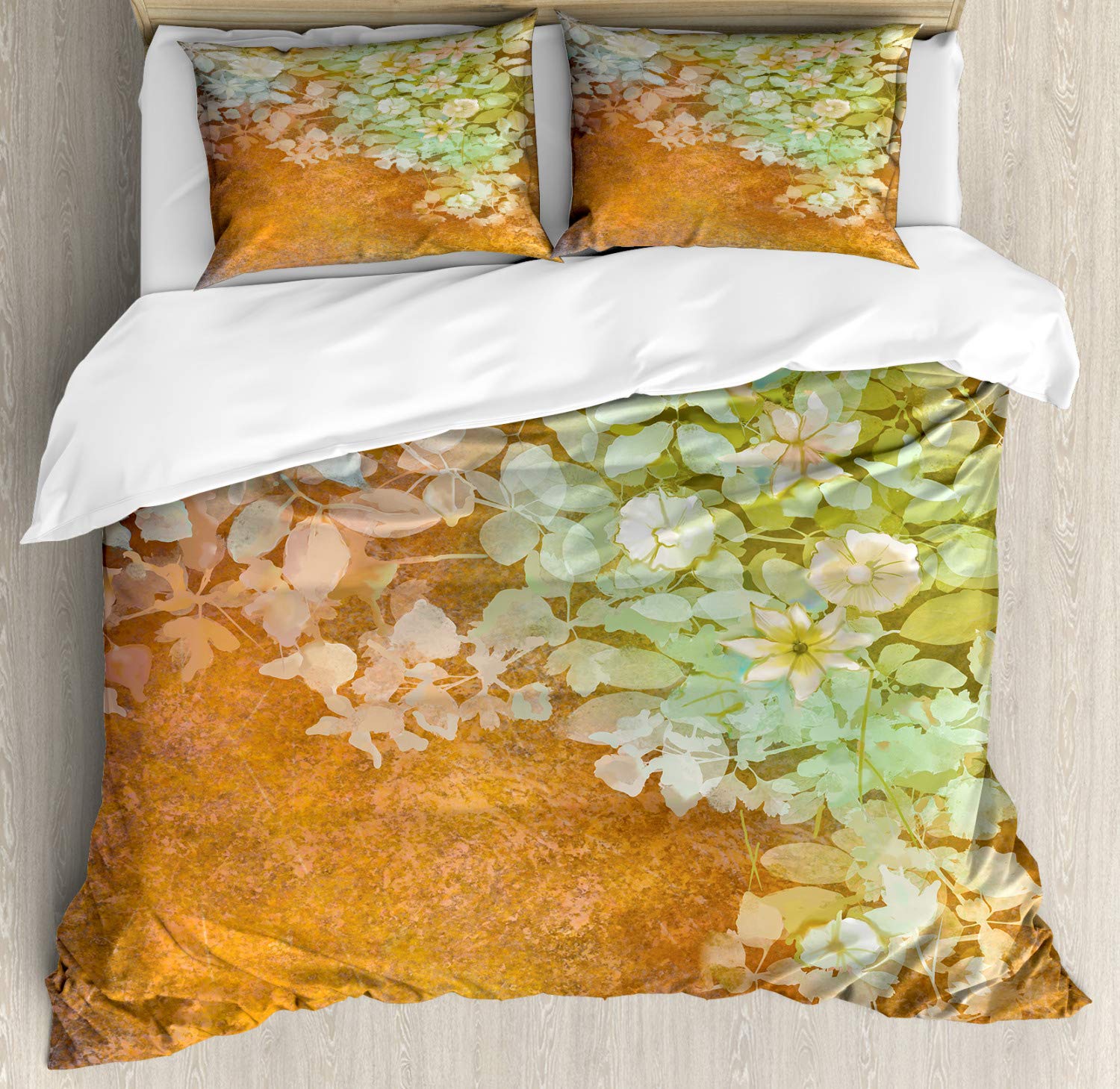 Ambesonne Vintage Floral Duvet Cover Set - Queen Size 3-Piece Bedding with Flower & Leaf Painting Design on Blurred Paper Background, Green Mustard Color for Bohemian Bedroom Decor | Perfect for Master Bedroom, Guest Room & Cozy Home Styling