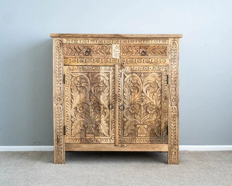Hand Carved Indian Wooden Sideboard | Small Cabinet for Living Room, Dining Room & Bedroom Storage | Traditional Home Decor