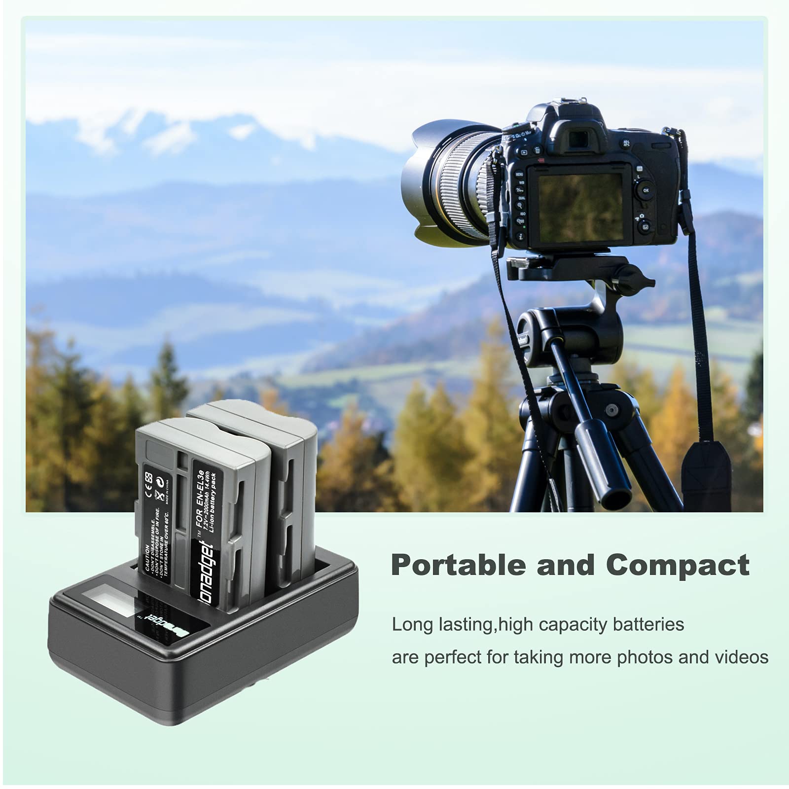 Bonadget 2 Pack 2000mAh EN-EL3 EN-EL3A Replacement Battery and LCD Dual Charger for Nikon D700 D90 D300S D300 D200 D80 D50 D70S D70 D100 D900 Digital Cameras - Perfect for Travel Photography & Professional Shooting