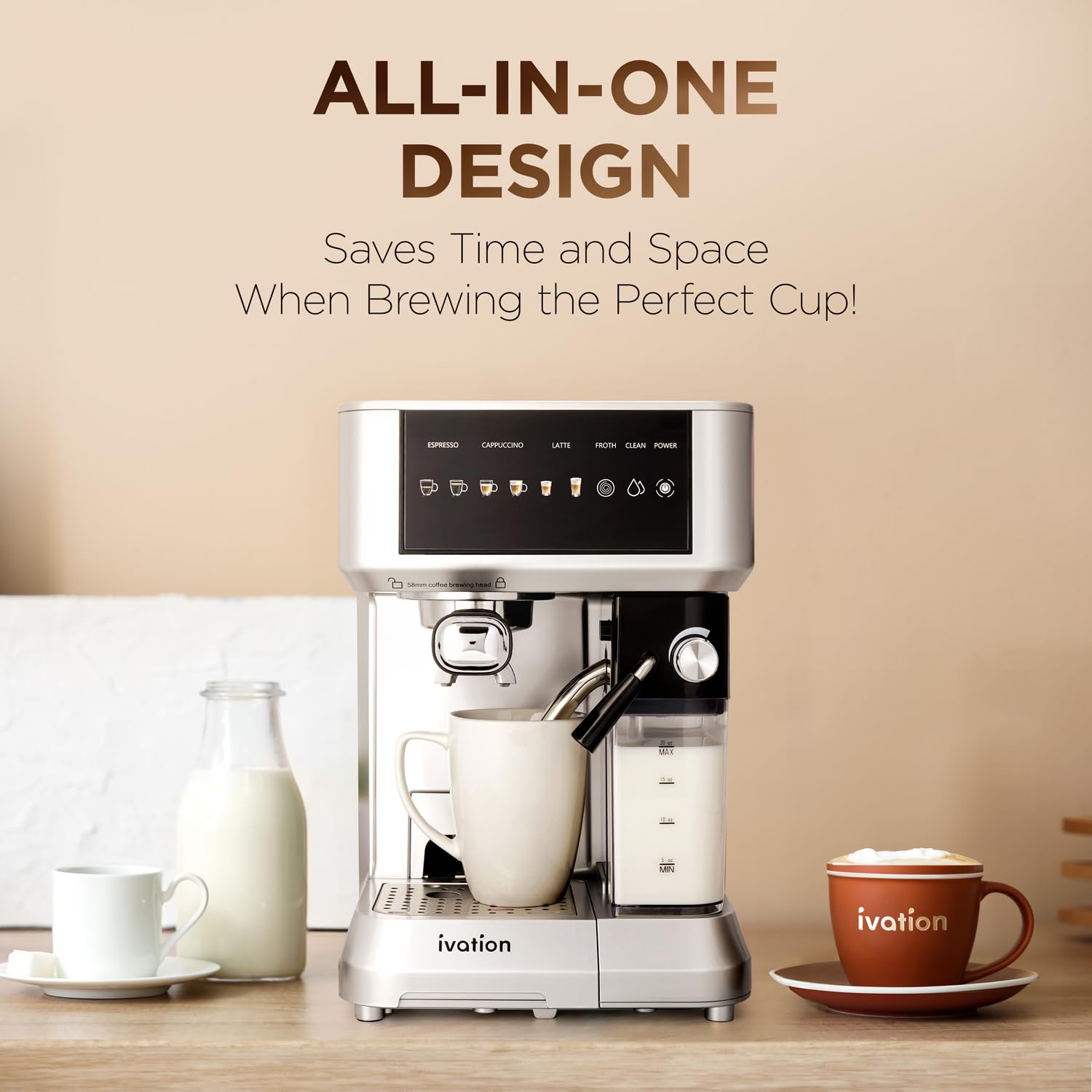 Ivation 58mm Espresso & Cappuccino Machine with Milk Frother - Home Coffee Maker for Single & Double Shots - Makes Espresso, Latte, Cappuccino - Auto Clean & Descale Feature - Detachable Milk Reservoir - Perfect for Home Baristas & Coffee Lovers