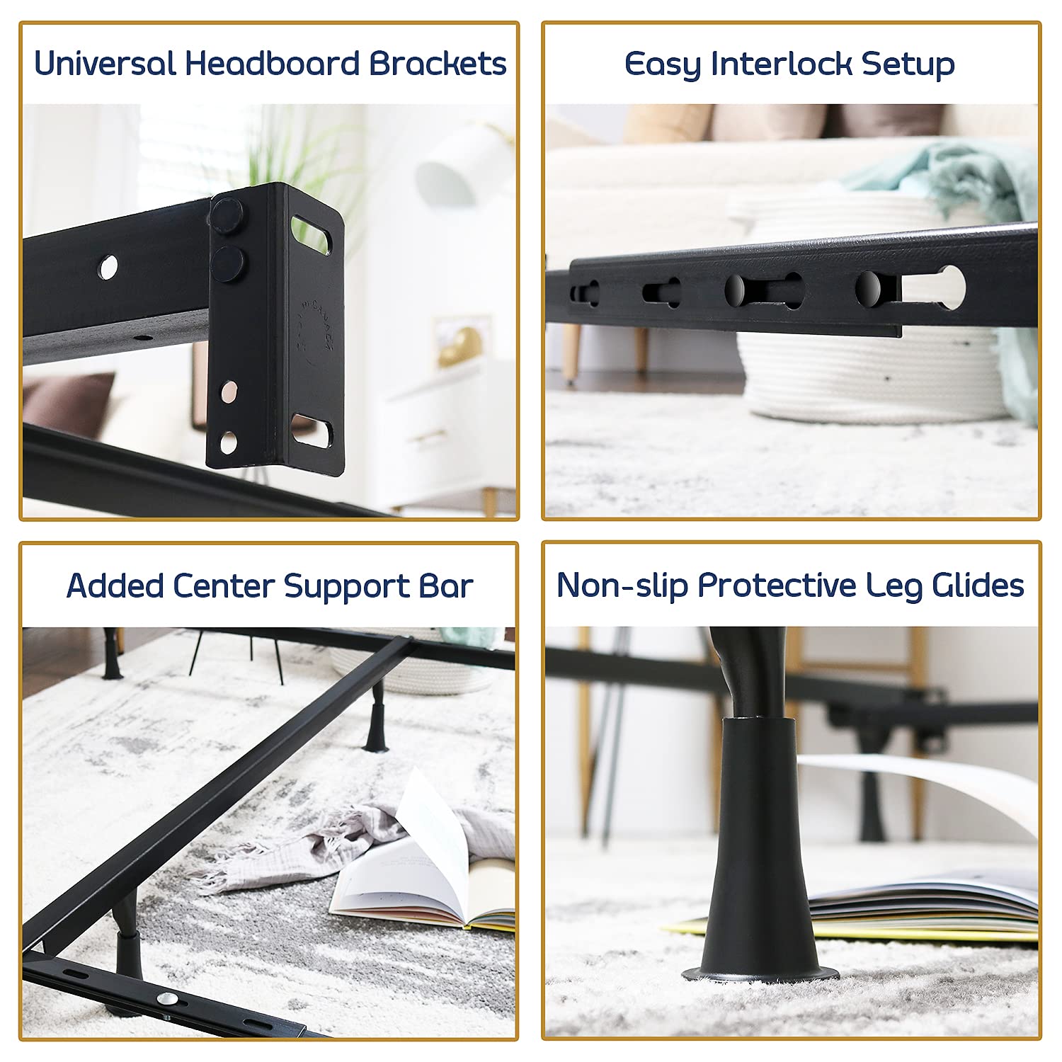 Clara Clark Adjustable Bed Rails - Heavy Duty Metal Bed Frame with Center Support Leg - 5.25