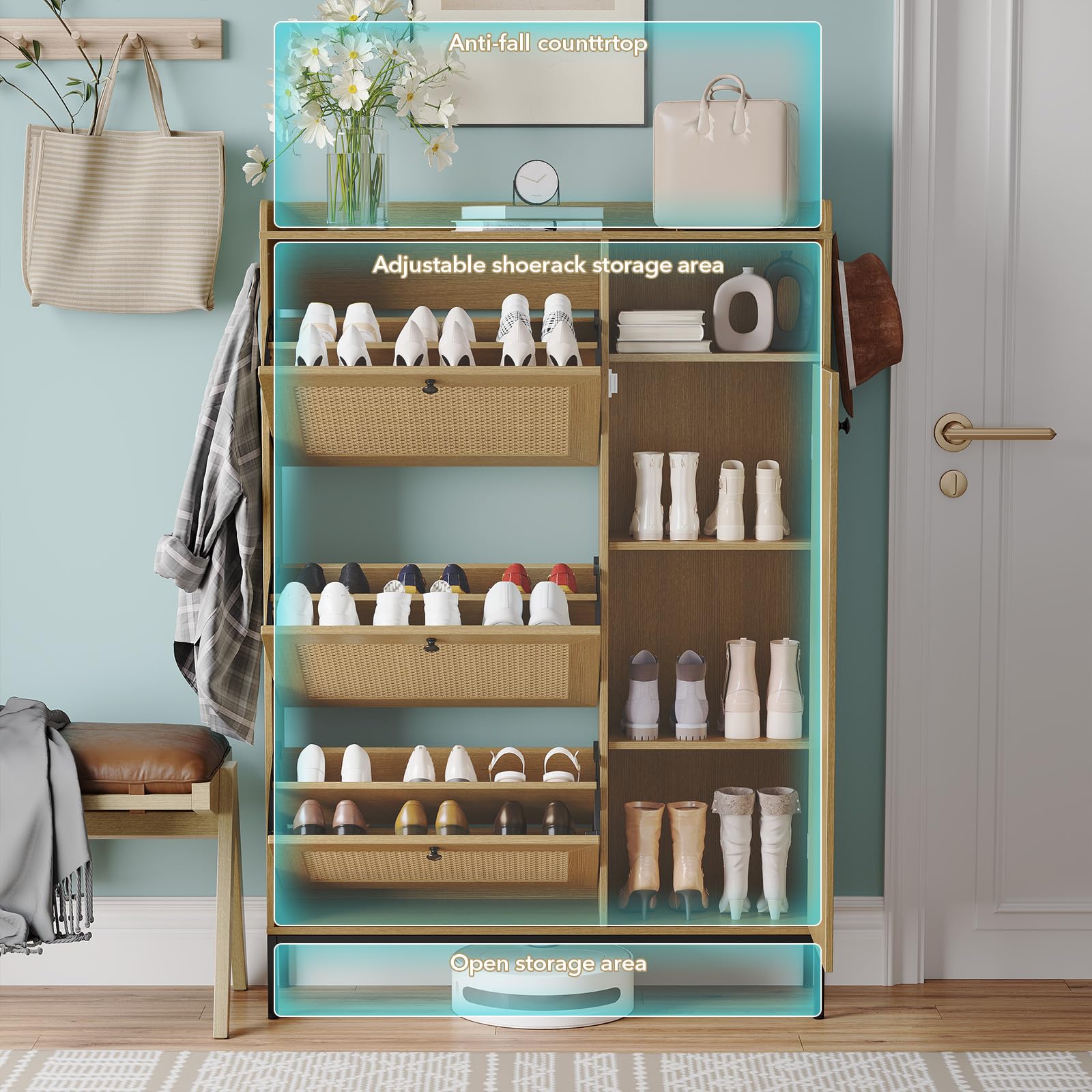 GAOMON Shoe Storage Cabinet with 3 Flip Drawers - Adjustable Rattan Wooden Shoe Rack Organizer for Entryway, Hallway & Living Room - Free Standing Shoe Cabinet for Home Organization & Space Saving