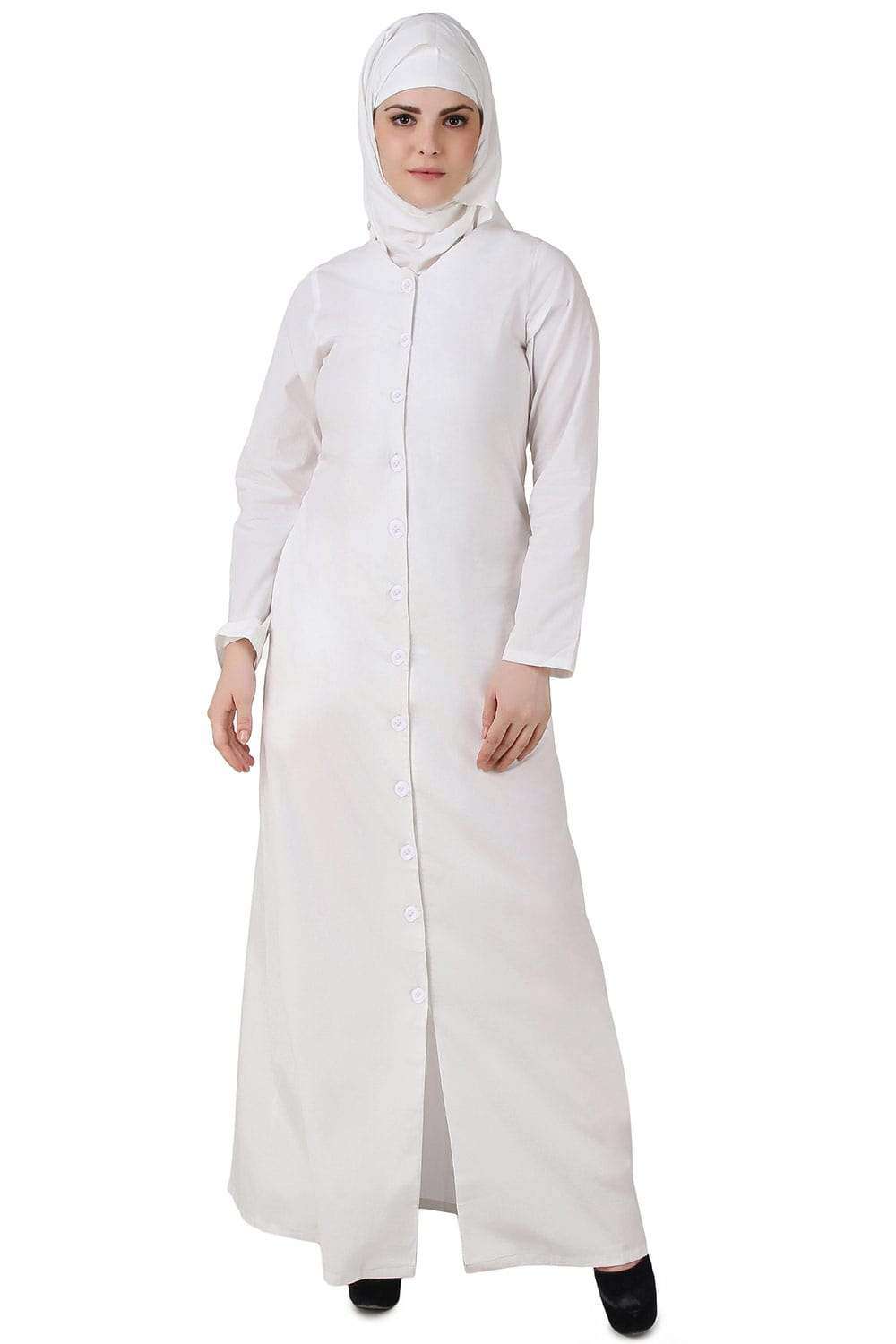 Faraza White Front Open Cotton Abaya - Modest Muslim Prayer Dress for Women - Perfect for Prayer, Mosque, and Special Occasions