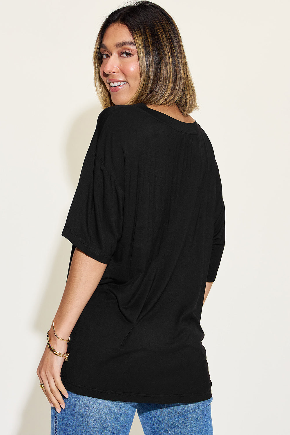 Basic Bae Full Size Bamboo V-Neck Drop Shoulder T-Shirt for Women | Soft Eco-Friendly Casual Tee | Perfect for Everyday Wear, Yoga & Lounge
