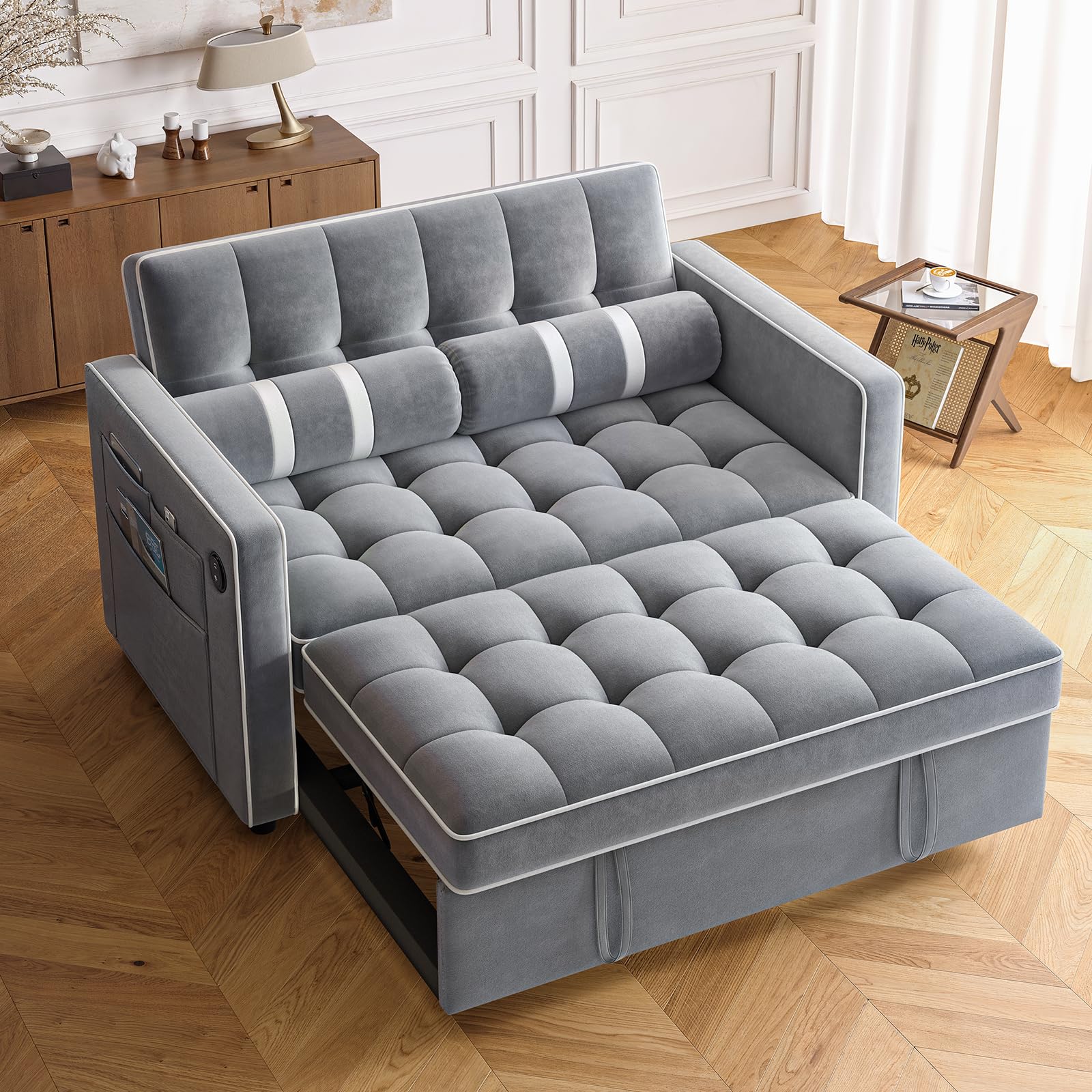 Amada 3-in-1 Convertible Sleeper Sofa Bed with USB Ports & Storage Pocket - Velvet Fabric Adjustable Backrest Futon Couch for Living Room, Guest Room & Small Spaces - Pull Out Loveseat Sectional Sofa Bed in Grey