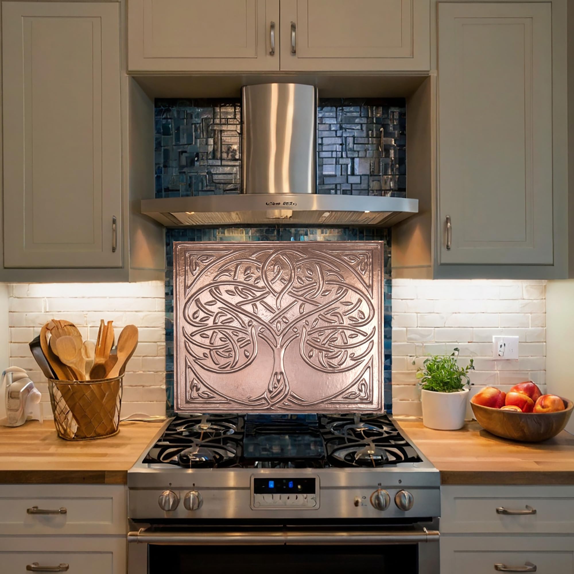 Handmade Copper Kitchen Backsplash - Celtic Tree of Life Design, Rustic Wall Decor Tile Art for Farmhouse & Modern Kitchens | Waterproof & Easy to Clean Backsplash Panel for Stove, Sink & Countertop Protection