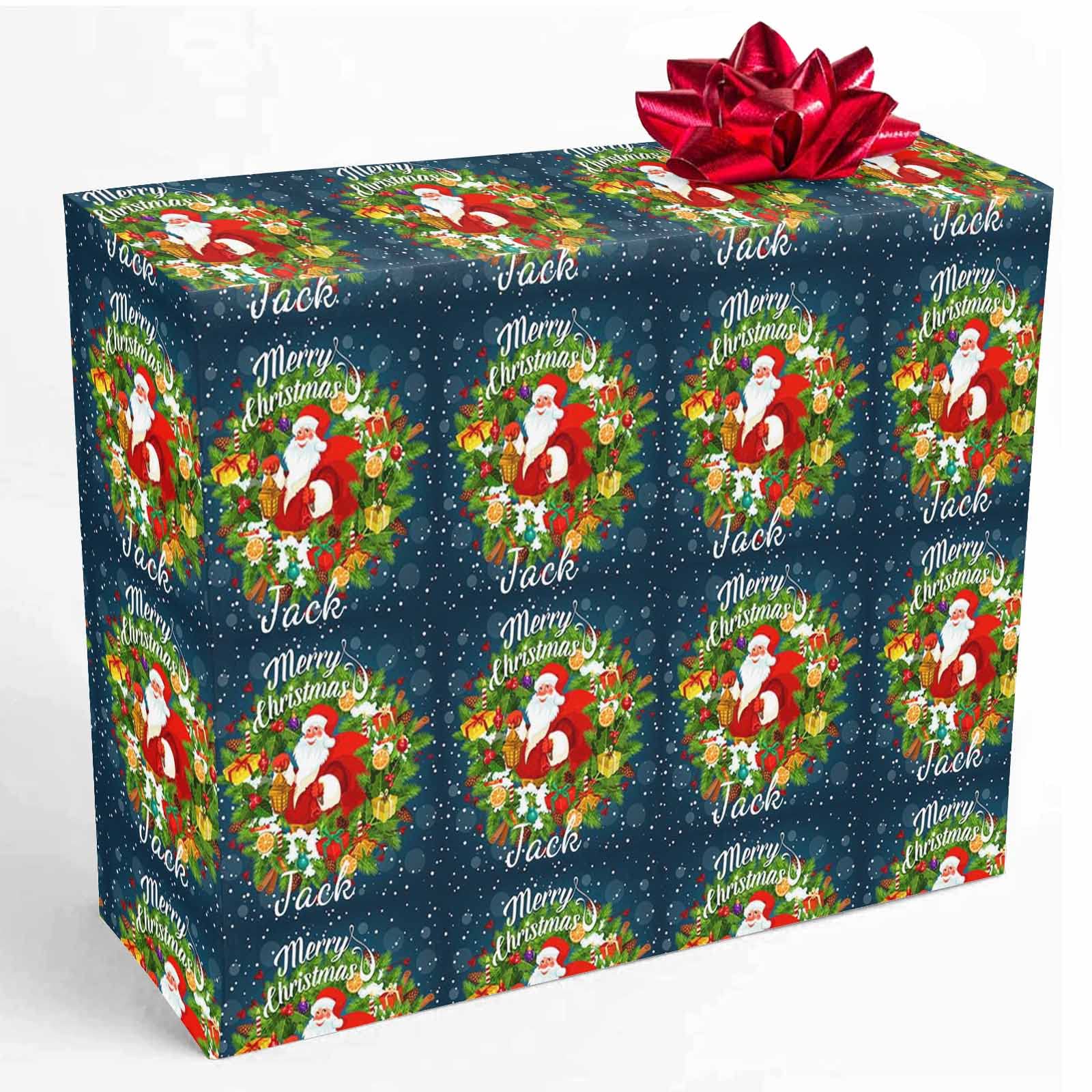 Personalized Christmas Wrapping Paper with Custom Name - Santa Claus & Wreath Design - 5 Rolls (58x23 inches) - Perfect for Gifts to Wife, Husband, Boyfriend, Girlfriend - Ideal for Holiday Presents, Secret Santa & Family Gift Exchanges