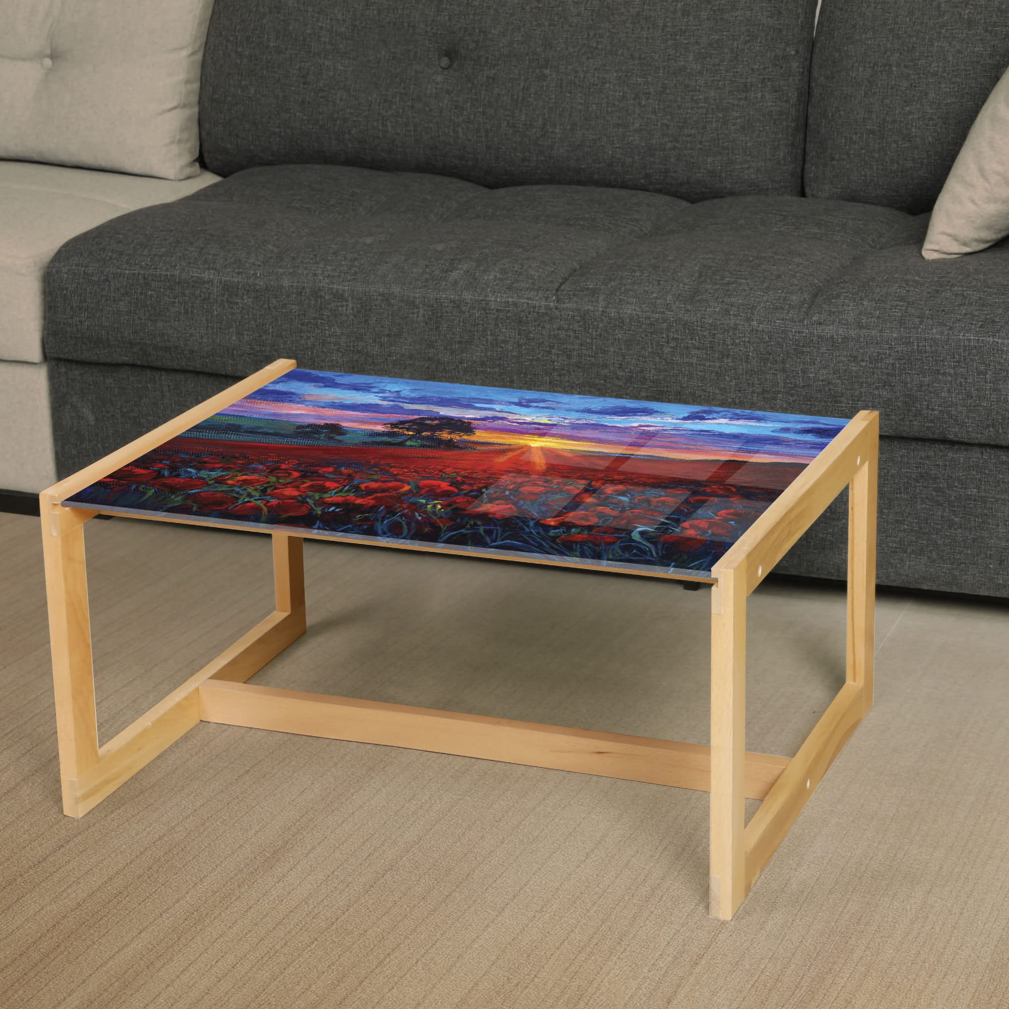 Ambesonne Country Coffee Table - Sunset Poppy Garden Acrylic Glass for Office & Dorm Decor