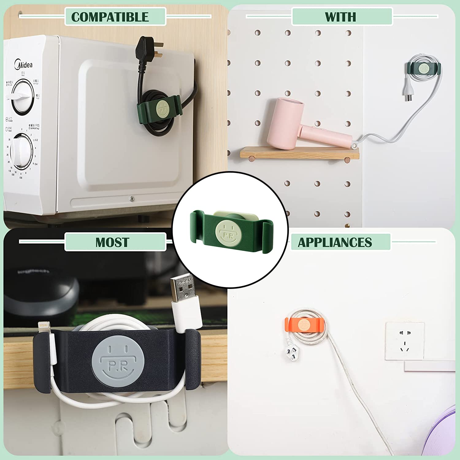 Rotatable Cord Organizer for Kitchen Appliances - 4 Pack Green Cable Wrapper & Holder - Perfect for Blenders, Mixers, Coffee Makers & Small Electronics Storage