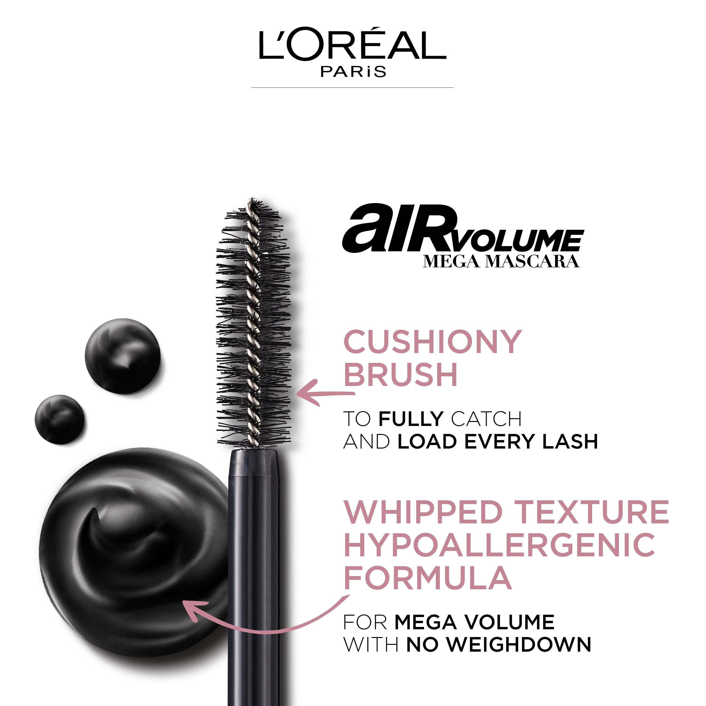 L'Oreal Paris Air Volume Mega Mascara - Volumizing & Lengthening Black Mascara for Dramatic Lashes - Perfect for Day to Night Makeup Looks