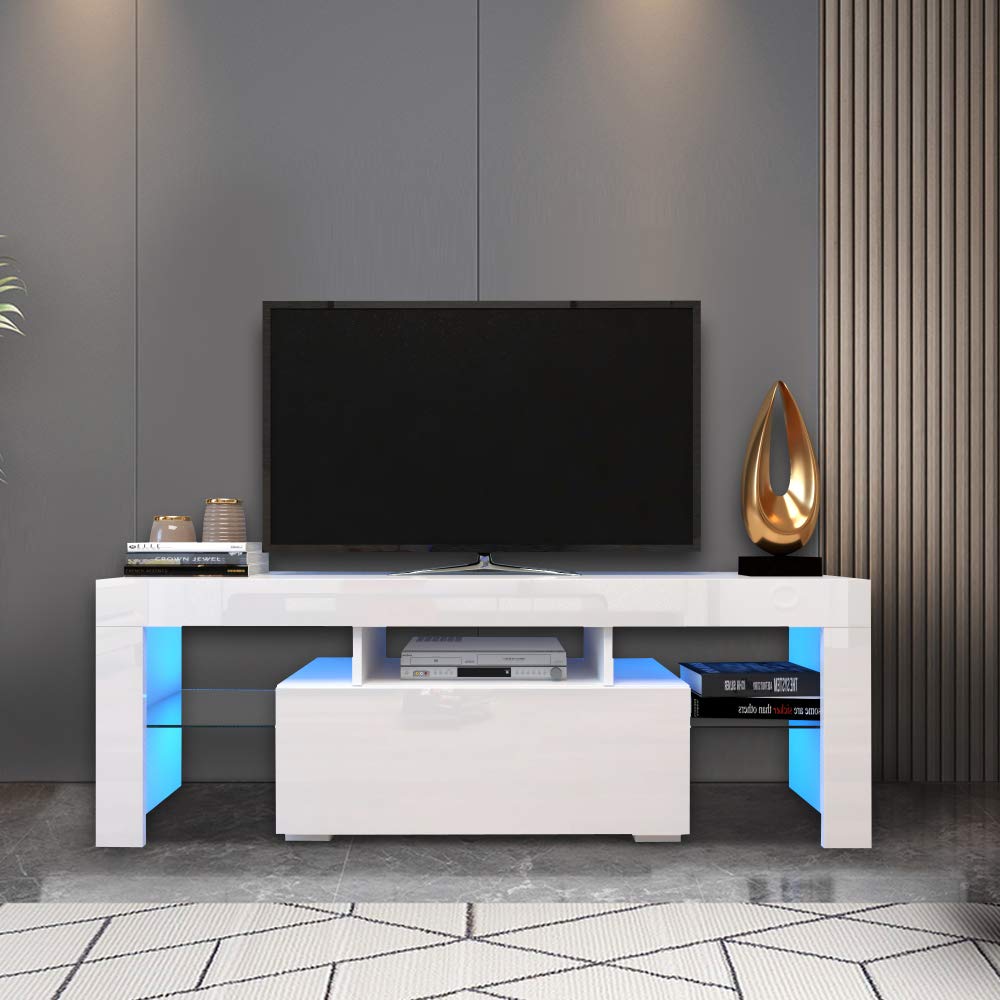 Modern TV Stand with LED Lights & Storage Drawer for 40-60 Inch TVs - Clear Glass Shelf Entertainment Center Console Table for Living Room, Bedroom & Lounge - Perfect for Movie Nights & Home Theater Setup