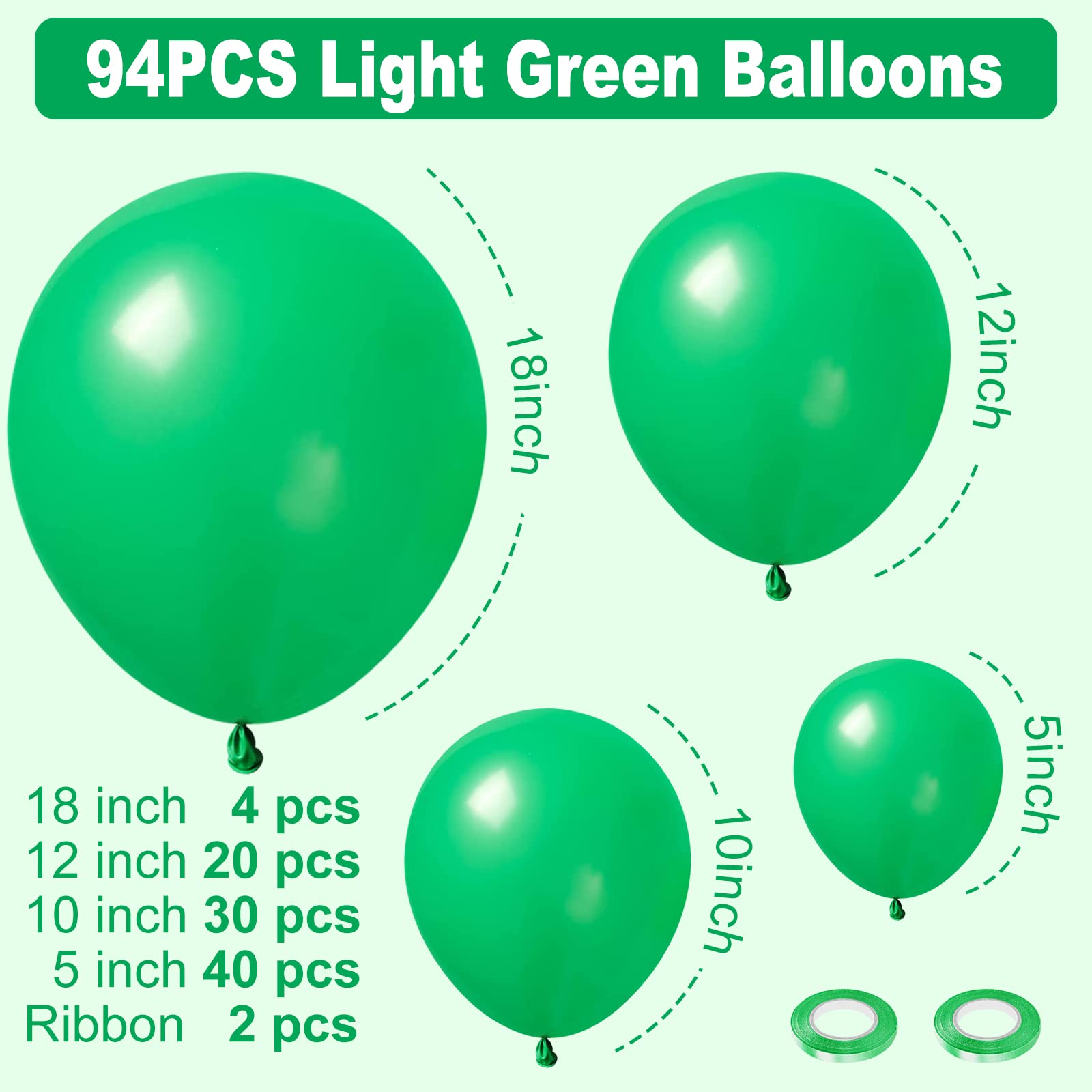 94pcs Light Green Balloons Garland Arch Kit - 5/10/12/18 Inch Matte Latex Balloons for Baby Shower, Birthday Party, Jungle & Dinosaur Theme Decorations - Perfect for Gender Reveals, Wedding Decor and Photo Backdrops