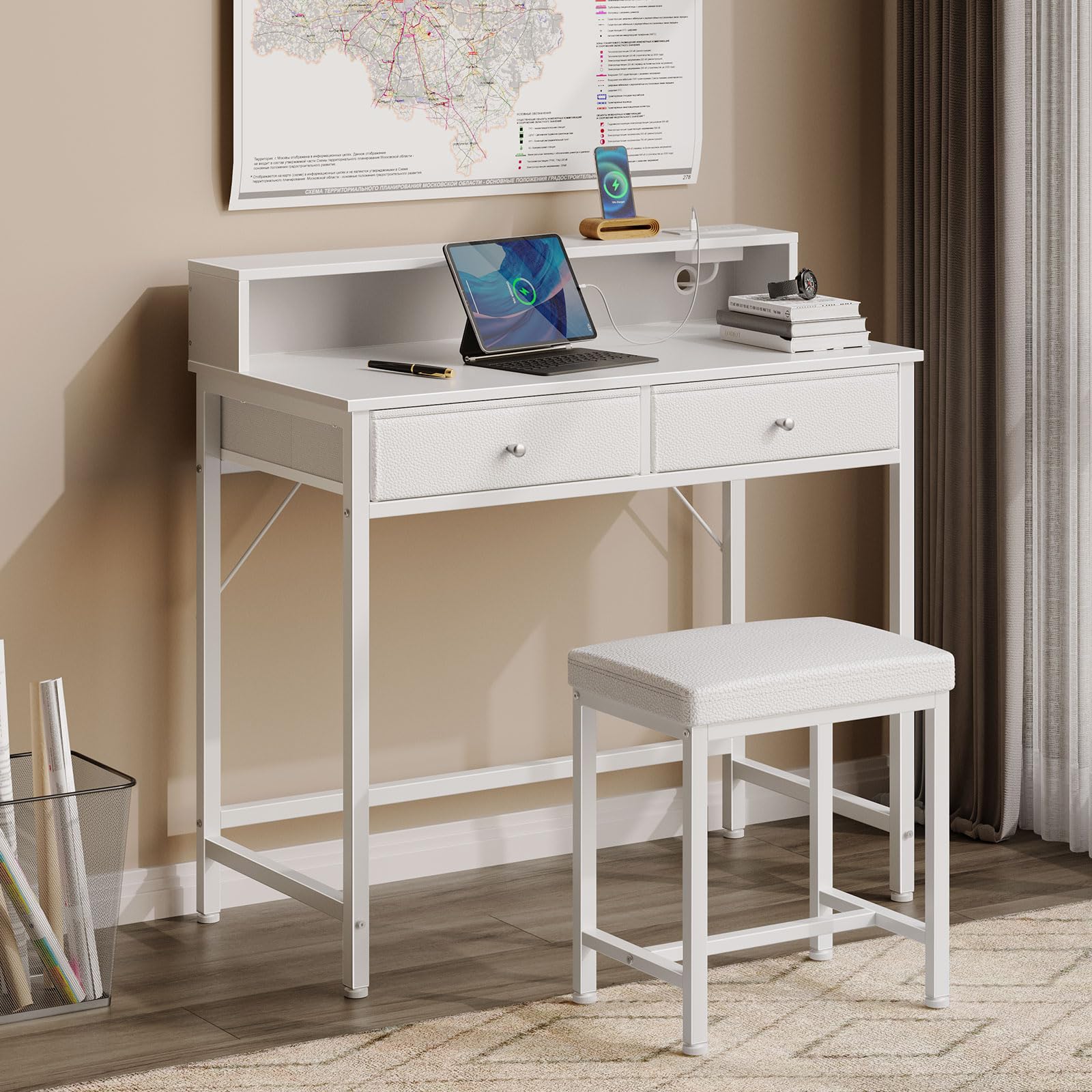 Modern White Vanity Desk Without Mirror - Makeup Vanity with Storage Drawers & USB Charging Station, Compact Bedroom Desk with Home Office Function for Small Spaces | Perfect for Makeup Organization, Remote Work & Space-Saving Bedroom Decor