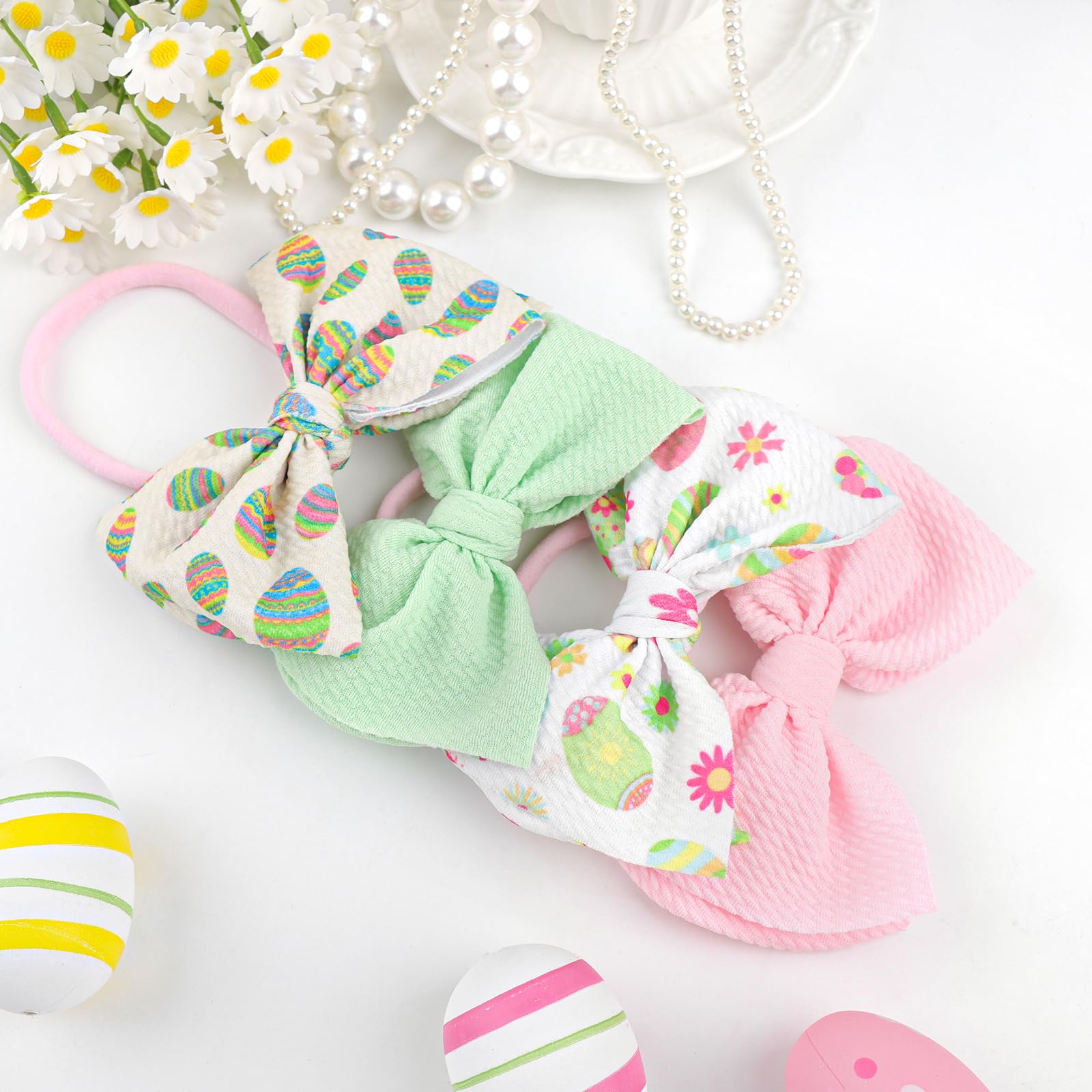 Easter Bunny Ears Headbands for Toddler Girls - 4 Pack Cute Rabbit Hair Bows with Egg Designs - Perfect Easter Gifts for Baby Girls & Infants - Great for Easter Egg Hunts, Church Services, and Spring Photoshoots