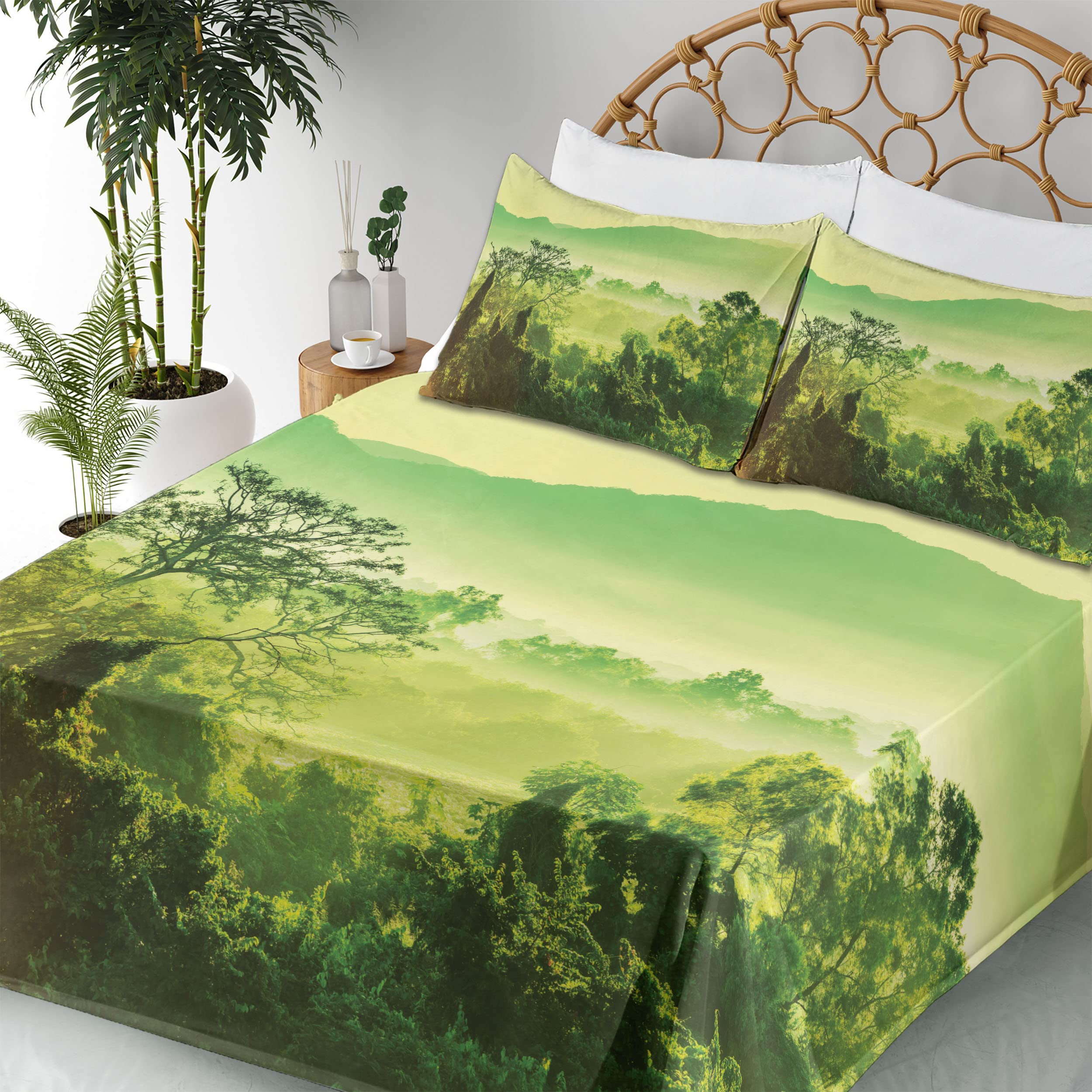 Ambesonne King Size 4-Piece Sheet Set - Green Nature Landscape with Mountains & Trees, Fitted & Flat Sheets + Pillowcases - Lime & Yellow Green Bedding for Master Bedroom, Guest Room, or Vacation Home
