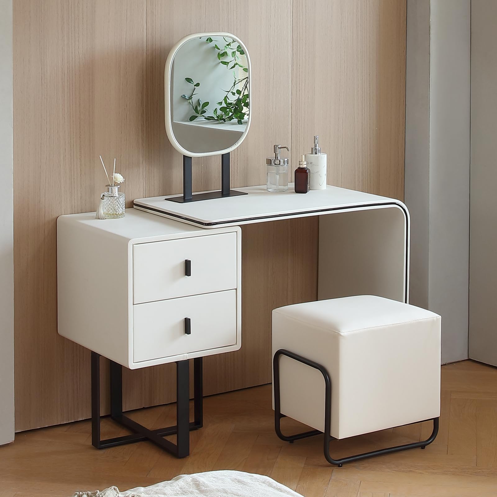 White Faux Leather Makeup Vanity Desk Set with Stool & Mirror | Small Dressing Table for Bedroom | Perfect for Cosmetics Storage & Beauty Routine
