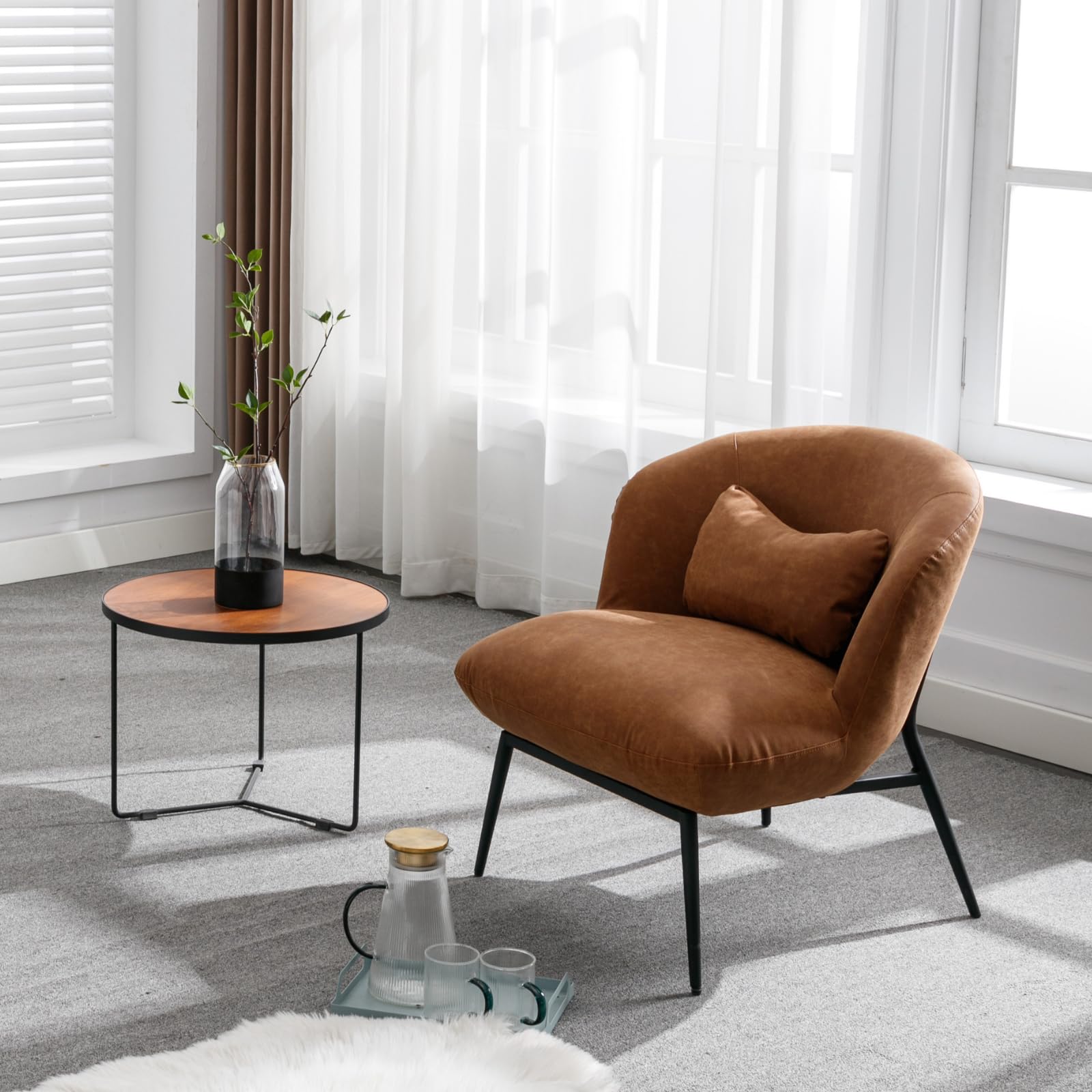 Modern Accent Chair - PU Leather Upholstered Side Chair with Cushion & Black Metal Legs, Comfortable Lounge Chair for Living Room, Bedroom, Office - Perfect for Reading, Relaxing & Home Decor (Brown)