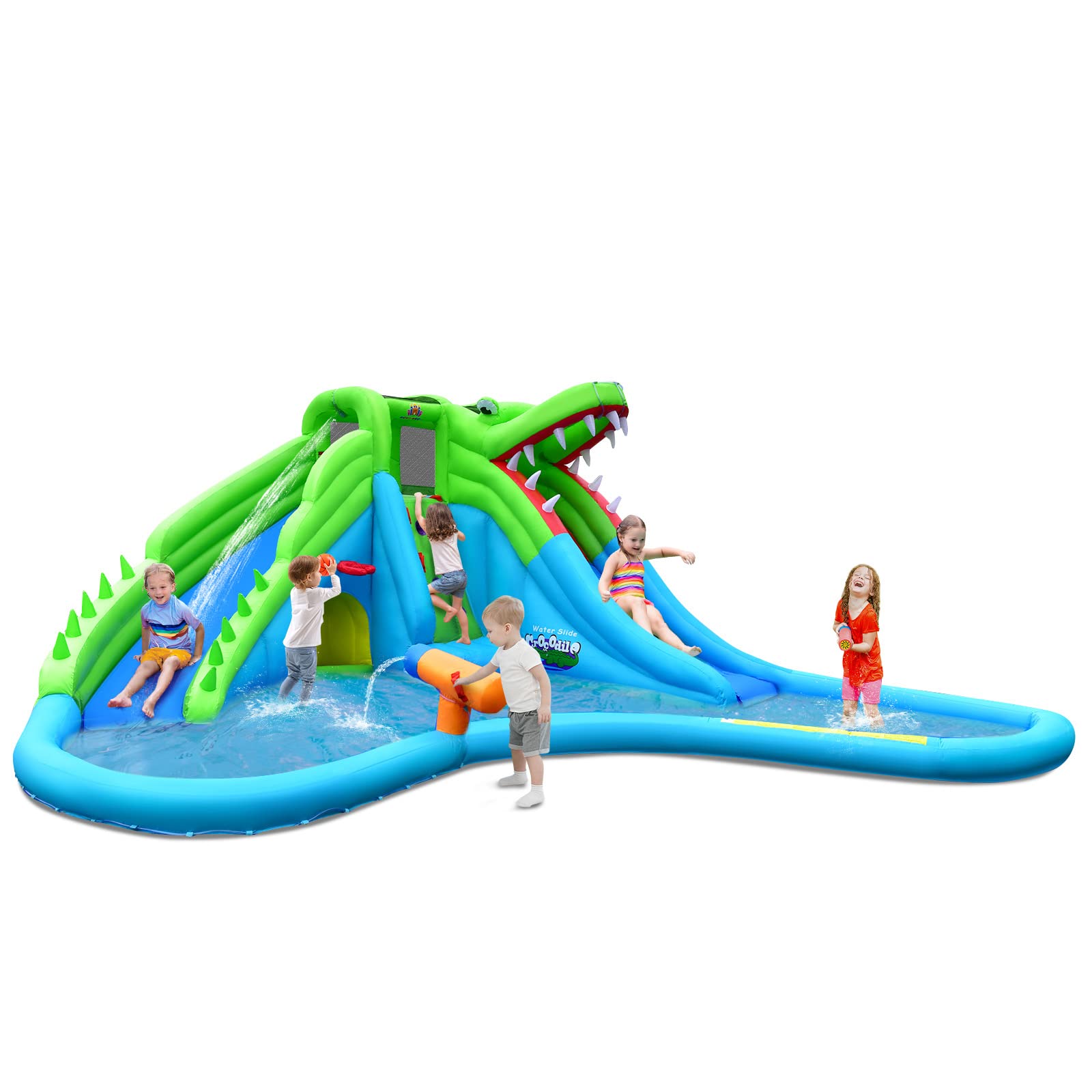 BOUNTECH 7-in-1 Inflatable Water Slide for Kids - Crocodile Mighty Water Park with Splash Pool, Climbing Wall, Water Cannon & Tunnel | Backyard Outdoor Summer Fun | Birthday Party, Family Gatherings, Poolside Entertainment (Air Blower Not Included)