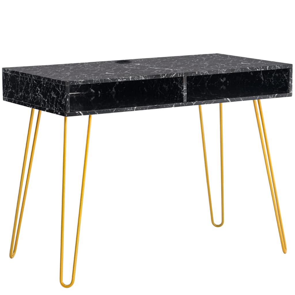 40'' Marble Computer Desk with Gold Metal Legs & 2 Open Storage Cubbies - Modern Home Office Desk, Study Table, Writing Desk & Makeup Vanity for Small Spaces (Black) | Perfect for Remote Work, Online Classes & Beauty Routines