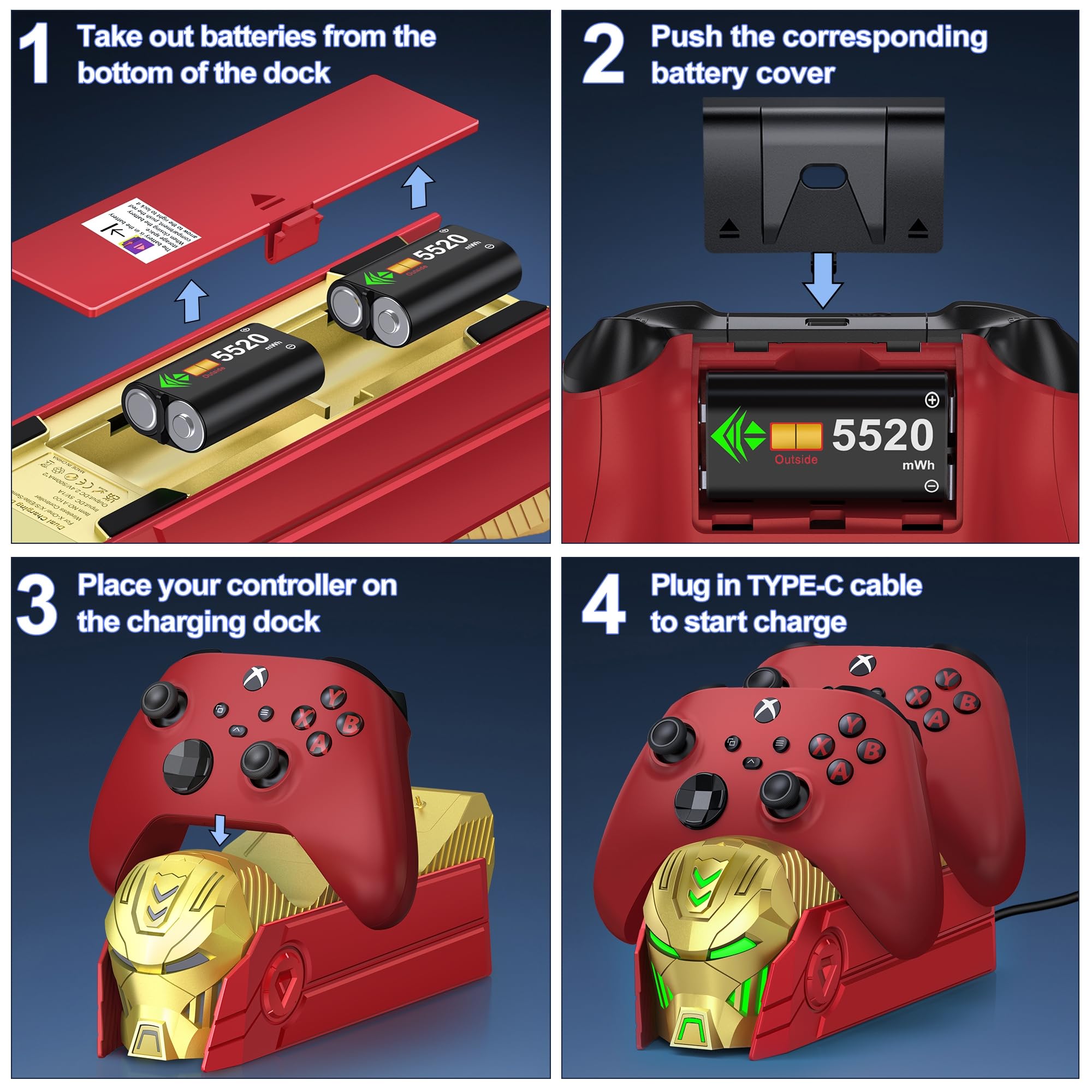 Xbox Controller Charger Station with 2x5520mWh Rechargeable Batteries & 4 Protective Covers - Fast Dual Charging Dock for Xbox One/Xbox Series X|S - Red - Perfect for Gaming Marathons & Multiplayer Sessions