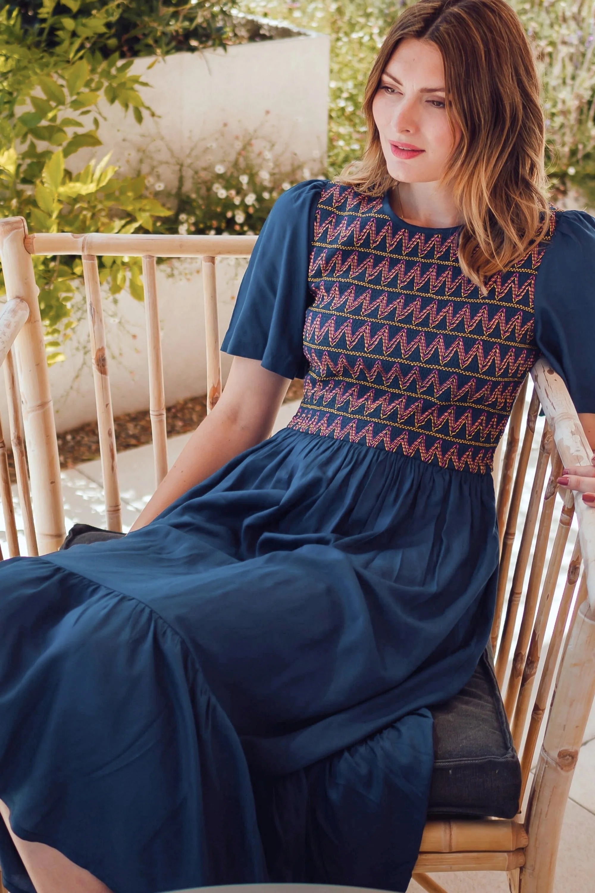 Brielle Midi Shirred Dress - Washed Navy Zigzag Shirring Flowy Summer Dress for Women | Beach Vacation, Date Night, Casual Outings