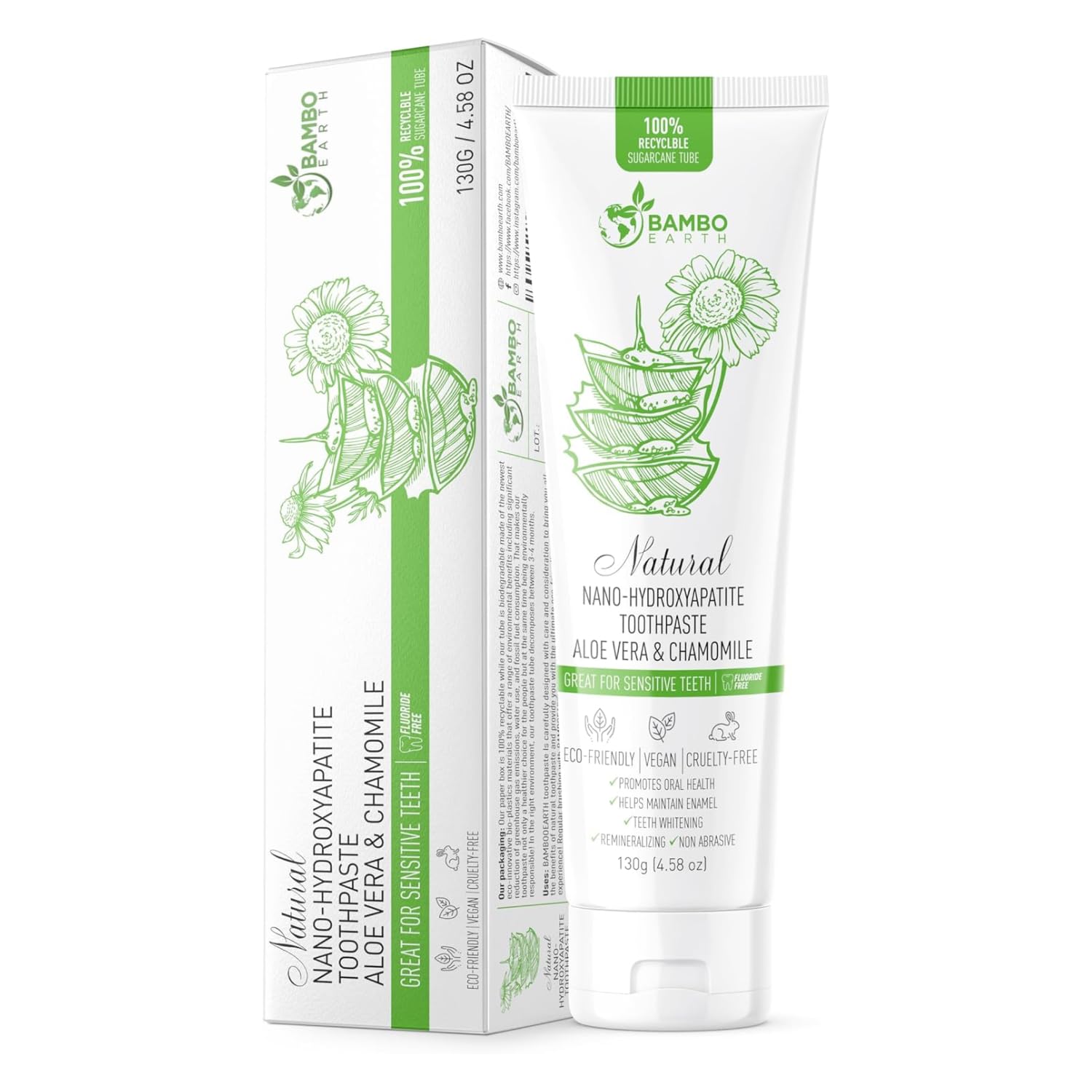 Natural Fluoride-Free Toothpaste with Nano Hydroxyapatite - Remineralizing, Whitening & Sensitive Teeth Relief - Zero Waste Eco-Friendly Tube - Dentist Recommended for Adults & Kids (Aloe Vera & Chamomile Flavor) - Perfect for Daily Oral Care, Travel & Sustainable Lifestyle