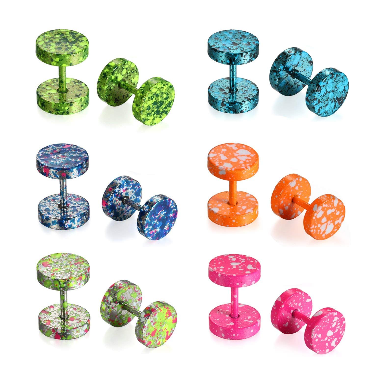 Aroncent 6 Pairs Stainless Steel Stud Earrings for Men & Women - Colorful Fake Gauges, Flatback Faux Earrings Set | Perfect for Parties, Cosplay & Everyday Fashion