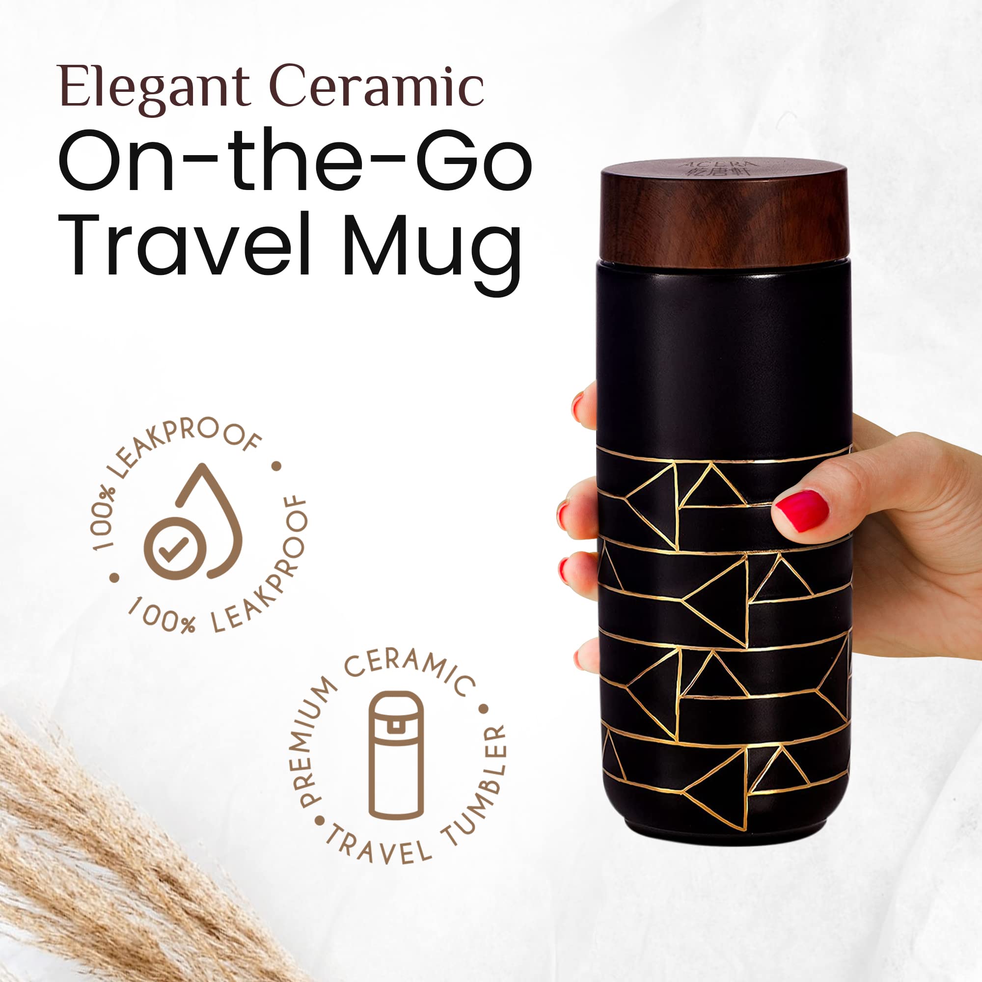 ACERA Liven - Premium Double Wall Insulated Travel Mug with Leak-Proof Lid | Ceramic Tourmaline Water Bottle for Coffee, Tea & Juice | Thermal Tumbler for Office, Gym & Outdoor Adventures (Black)