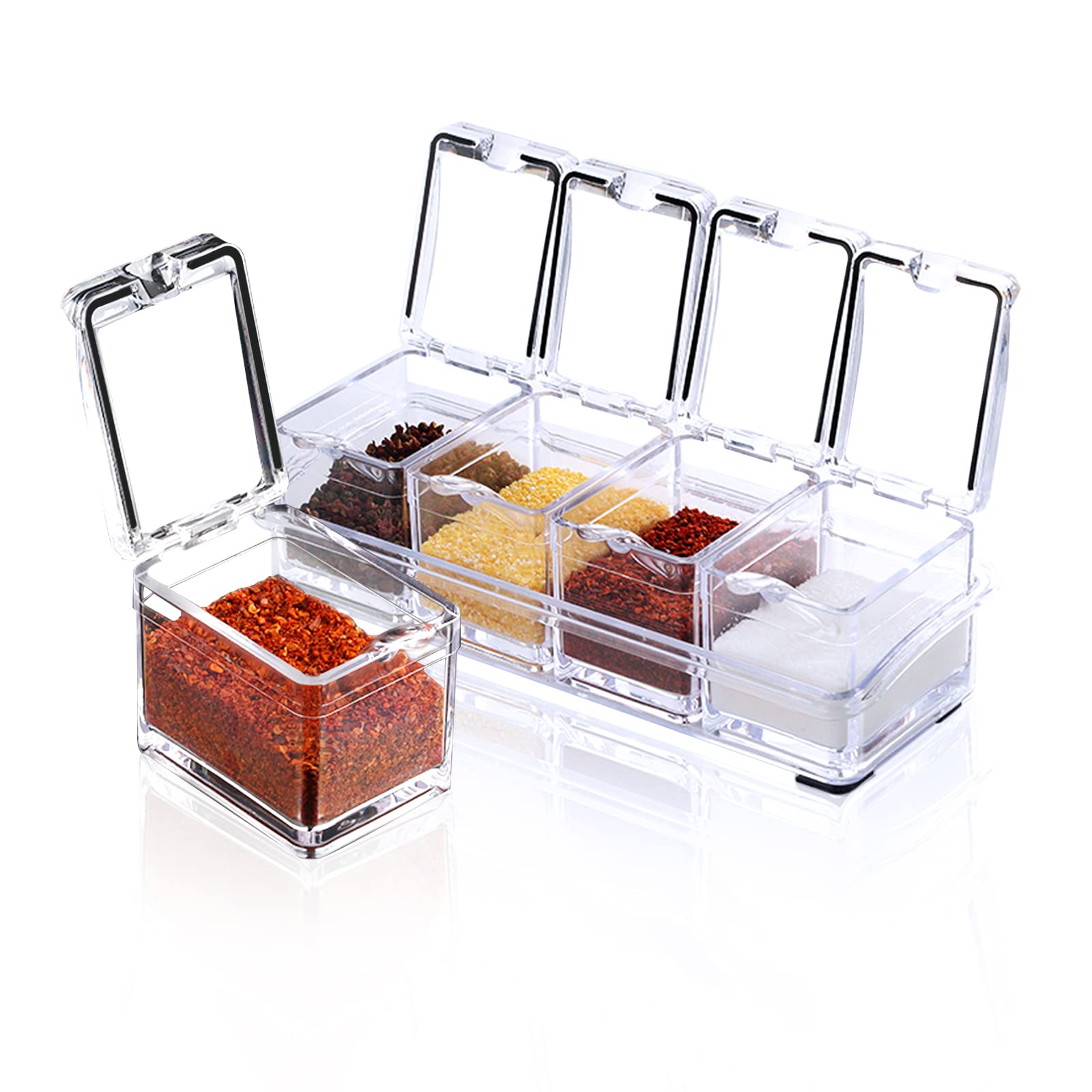 ZGWJ 4-Piece Clear Acrylic Kitchen Spice Jars with Lids & Spoons - Airtight Seasoning Storage Containers for Salt, Sugar, Spices - Perfect for Pantry Organization & Cooking Essentials