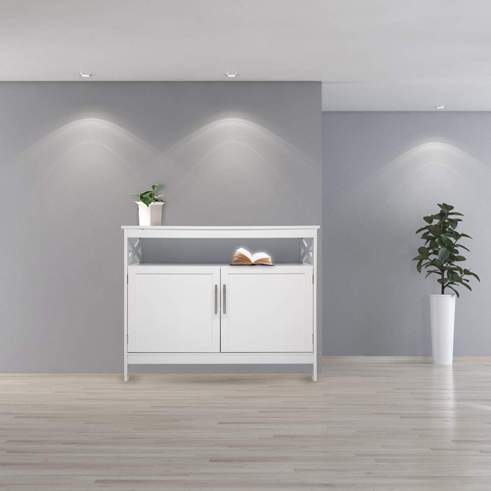 White Double Door Storage Cabinet - Pantry & Multipurpose Cupboard with Top & Bottom Enclosed Space for Kitchen, Living Room, Bedroom & Office Organization | Durable Industrial Style Home Storage Solution