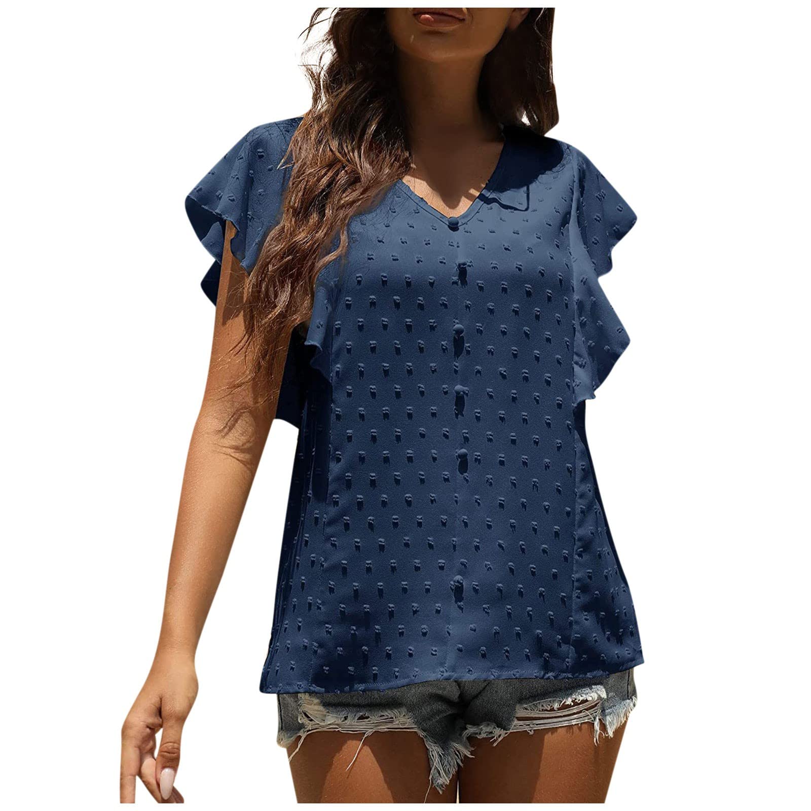 Plus Size Women's Chiffon Blouses - V Neck Swing T-Shirts with Swiss Dot Ruffles & Short Sleeves | Flattering Fit for Casual Wear, Office & Special Occasions
