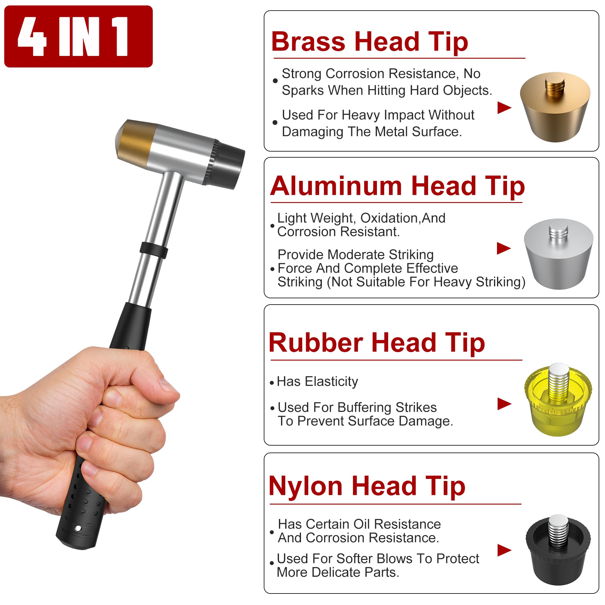 Premium Small Brass Hammer with 4 Interchangeable 1-Inch Heads - Brass, Nylon, Aluminum & Rubber Mallet for Jewelry Making, Watch Repair, DIY Crafts & Leather Working | Perfect for Delicate Metalwork & Precision Hammering Tasks