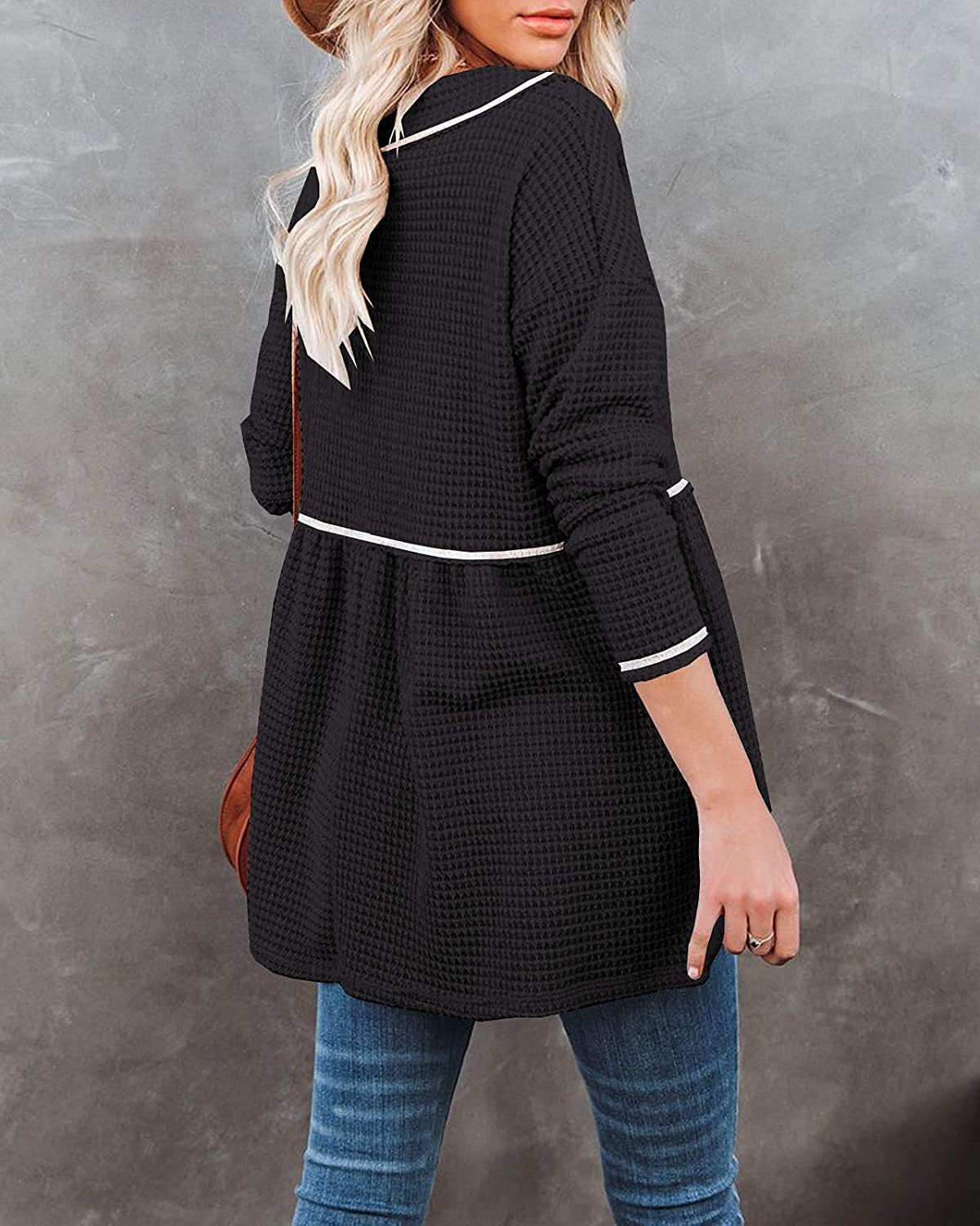 Women's V-Neck Tunic Top Long Sleeve Waffle Knit Pullover Shirt - Casual Flowy Sweater for Women | Perfect for Fall Layering, Office Wear & Weekend Outfits