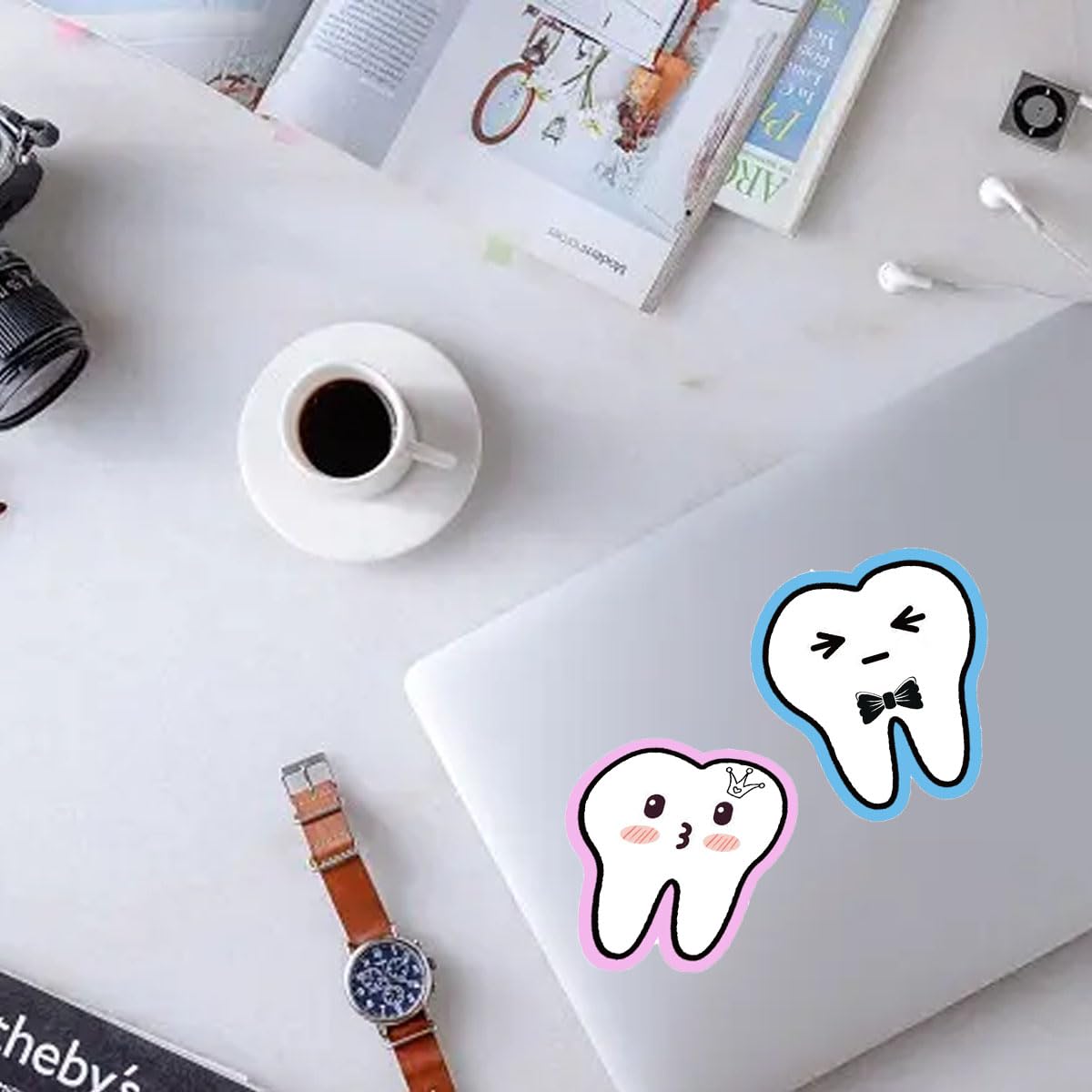 Happy Tooth Shaped Stickers - 200 Pcs Funny Dental Stickers for Kids, Classroom Rewards, Party Favors, Office & Car Decor - 2.5 Inch Adhesive Teeth Decals for Windows, Walls & Laptops - Perfect for Dental Health Month & School Activities
