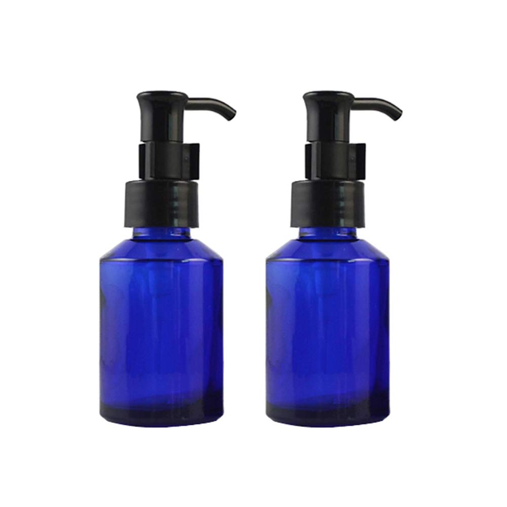2 Pack 60ML (2OZ) Refillable Cobalt Blue Glass Pump Bottles - Locking Lotion Dispenser for Creams, Serums & Toiletries | Perfect for Travel, Bathroom & Cosmetic Storage