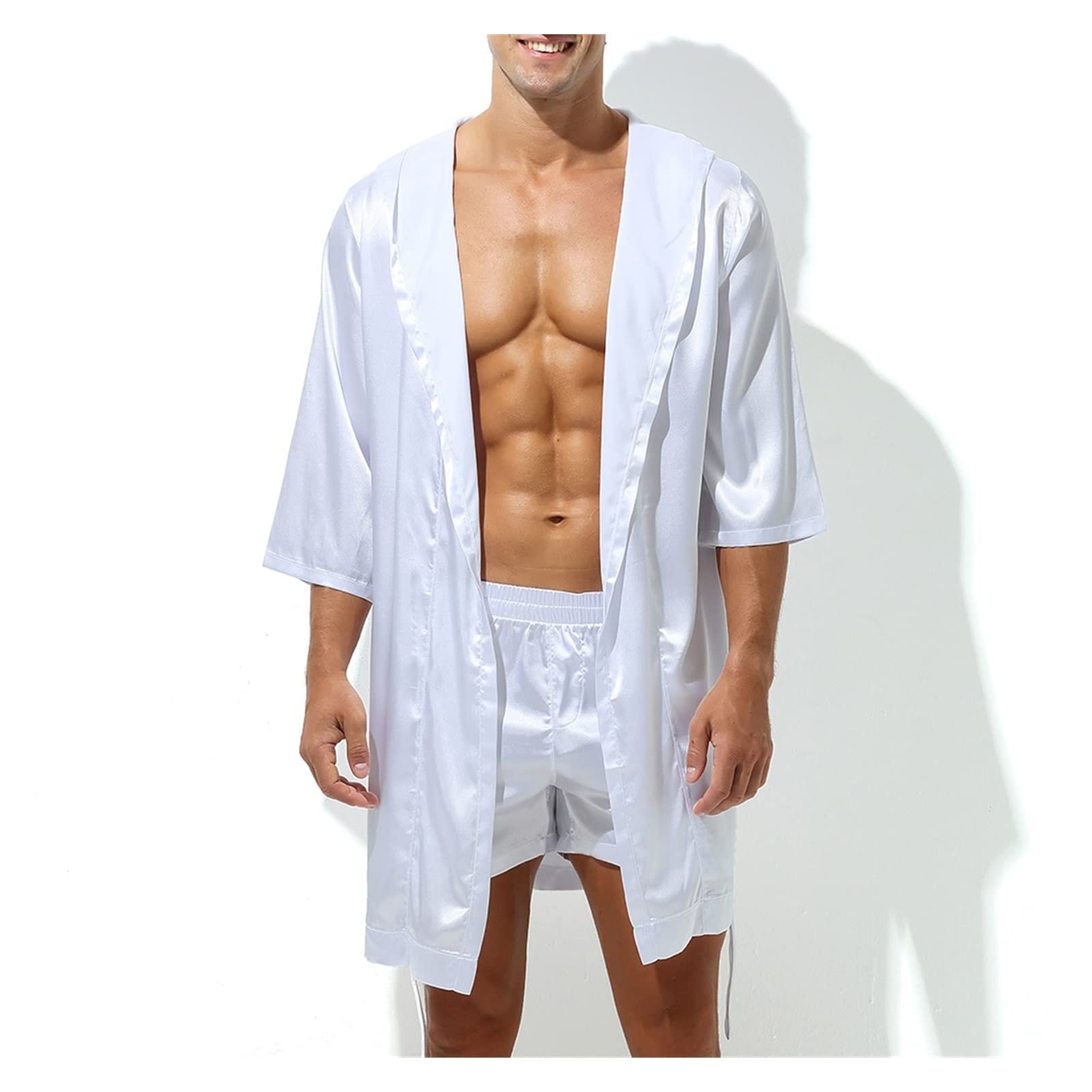 MMLLZEL Men's Silk Satin Pajama Set - Short Sleeve Kimono Robe & Lounge Shorts for Sleepwear, Bathrobe & Home Relaxation | Soft Nightgown Dress Gown for Men (Color C, Size XL) - Perfect for Spa Days, Lounging & Summer Nights