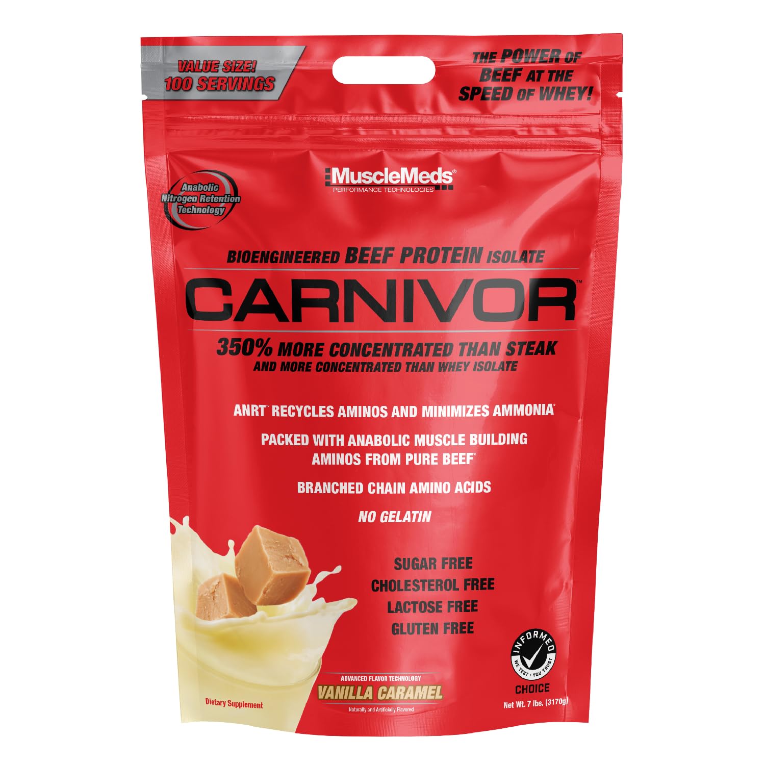 MuscleMeds Carnivor Beef Protein Isolate Powder - 7lb (100 Servings) | Lactose Free, Sugar Free, Fat Free, Cholesterol Free | Halal Certified Vanilla Caramel Flavor | Post-Workout Recovery & Muscle Building Supplement