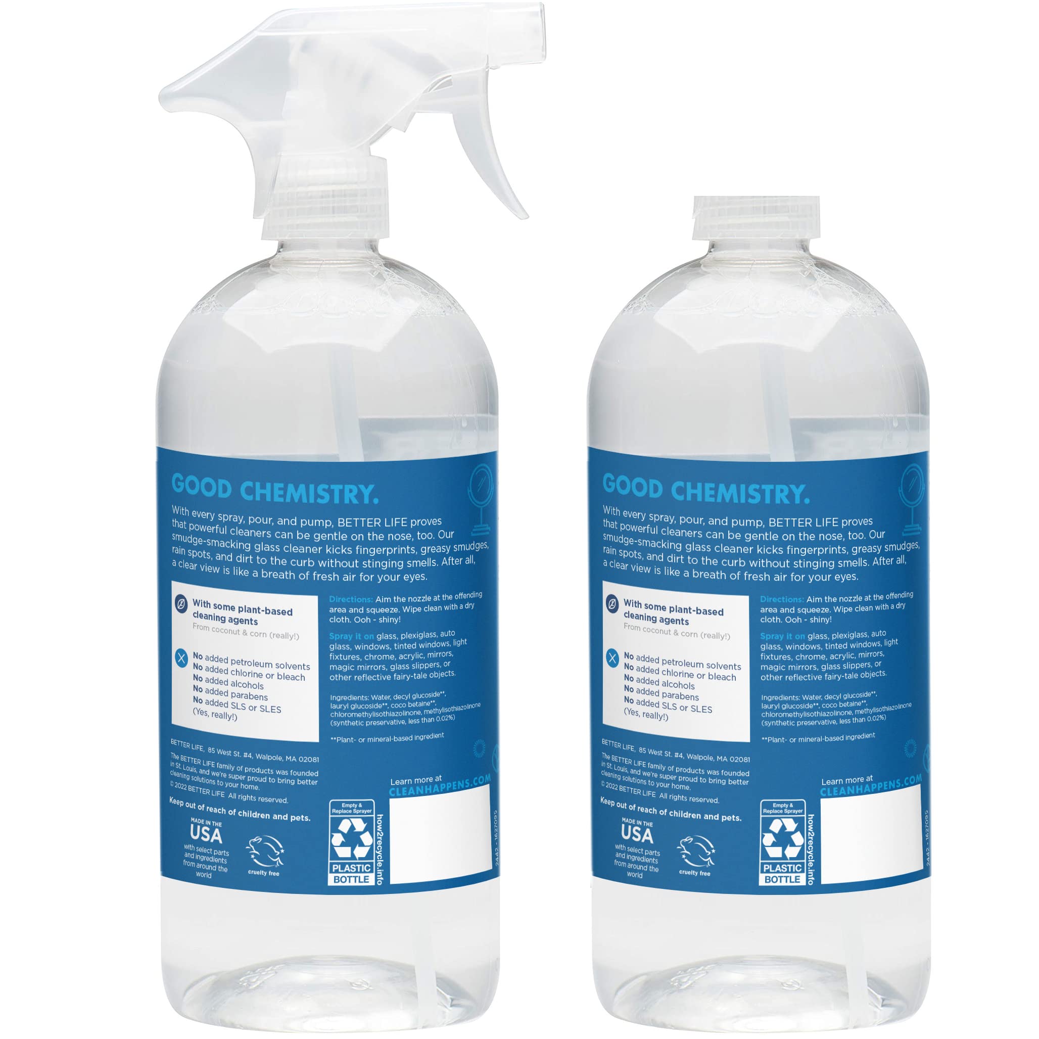 Better Life Natural Streak Free Glass Cleaner - 32oz (Pack of 2) | Eco-Friendly, Non-Toxic Formula for Windows, Mirrors & Glass Surfaces | Perfect for Home, Office & Car Cleaning