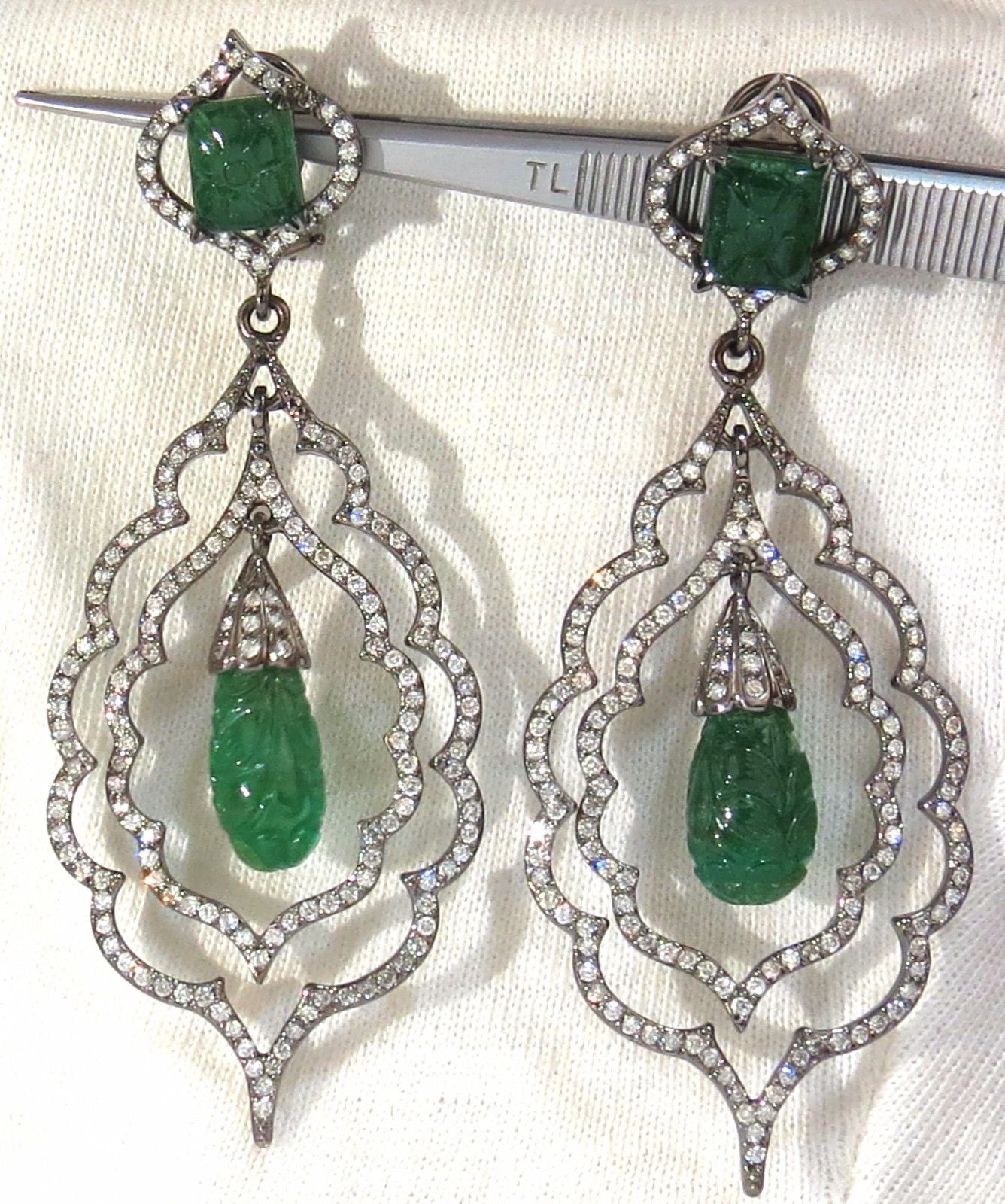 29.50ct Natural Carved Emerald Diamond Dangling Earrings - Large Size for Women | Elegant Jewelry for Parties, Weddings & Special Occasions
